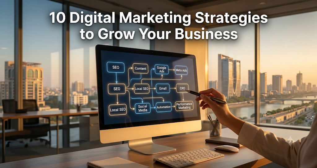 Illustration of 10 digital marketing strategies including SEO, content marketing, Google Ads, Meta Ads, local SEO, email marketing, social media marketing, CRO, automation, and performance marketing by FT Nexavvy Private Limited.