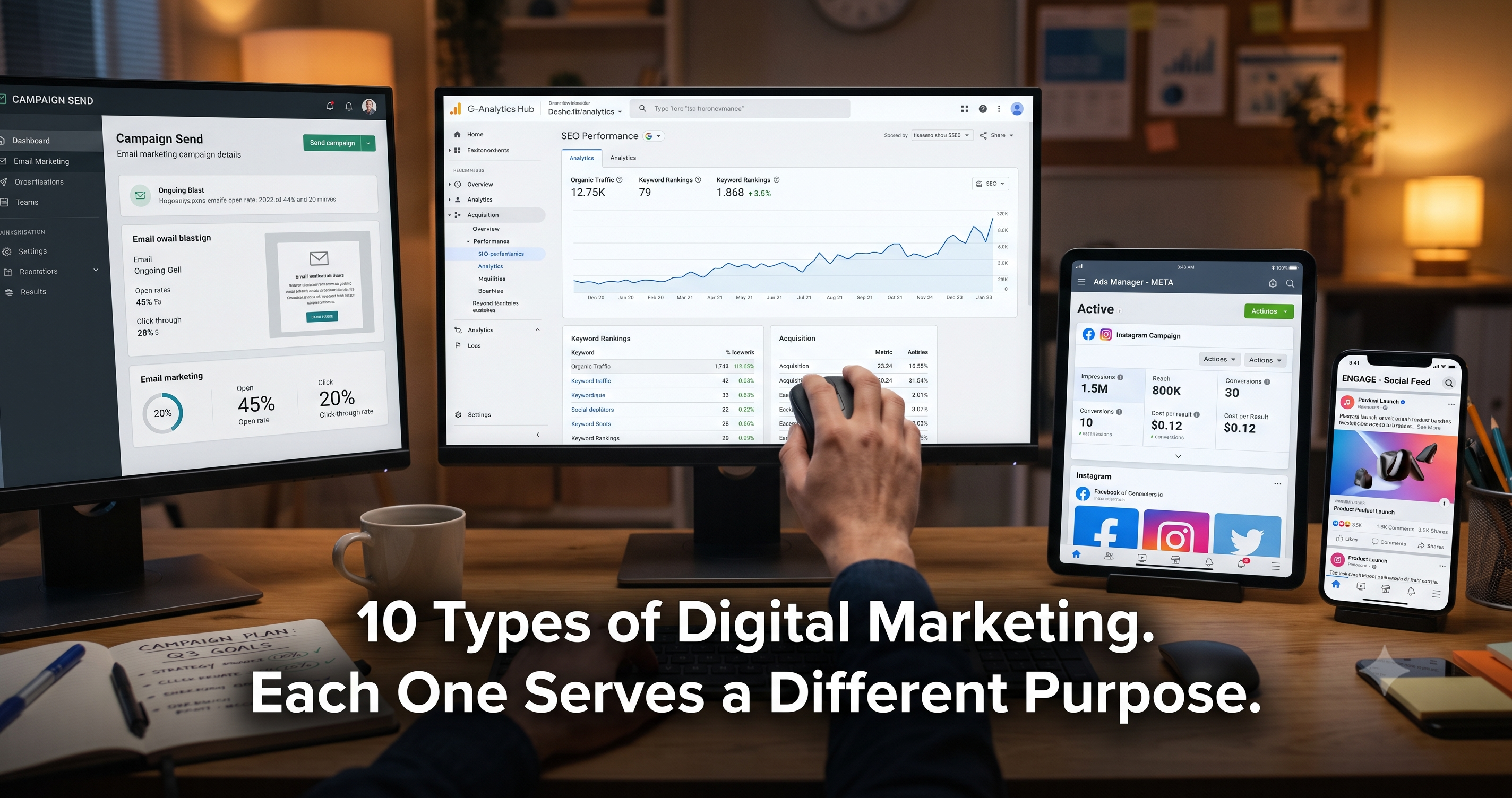 Illustration of the 10 types of digital marketing, including SEO, social media marketing, Google Ads, email marketing, content marketing, analytics, and performance marketing by FT Nexavvy Private Limited.
