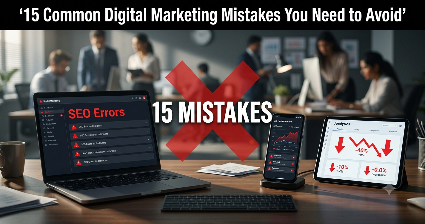 Digital marketing dashboard highlighting SEO errors, declining analytics, and common digital marketing mistakes that reduce website traffic, engagement, conversions, and business growth.