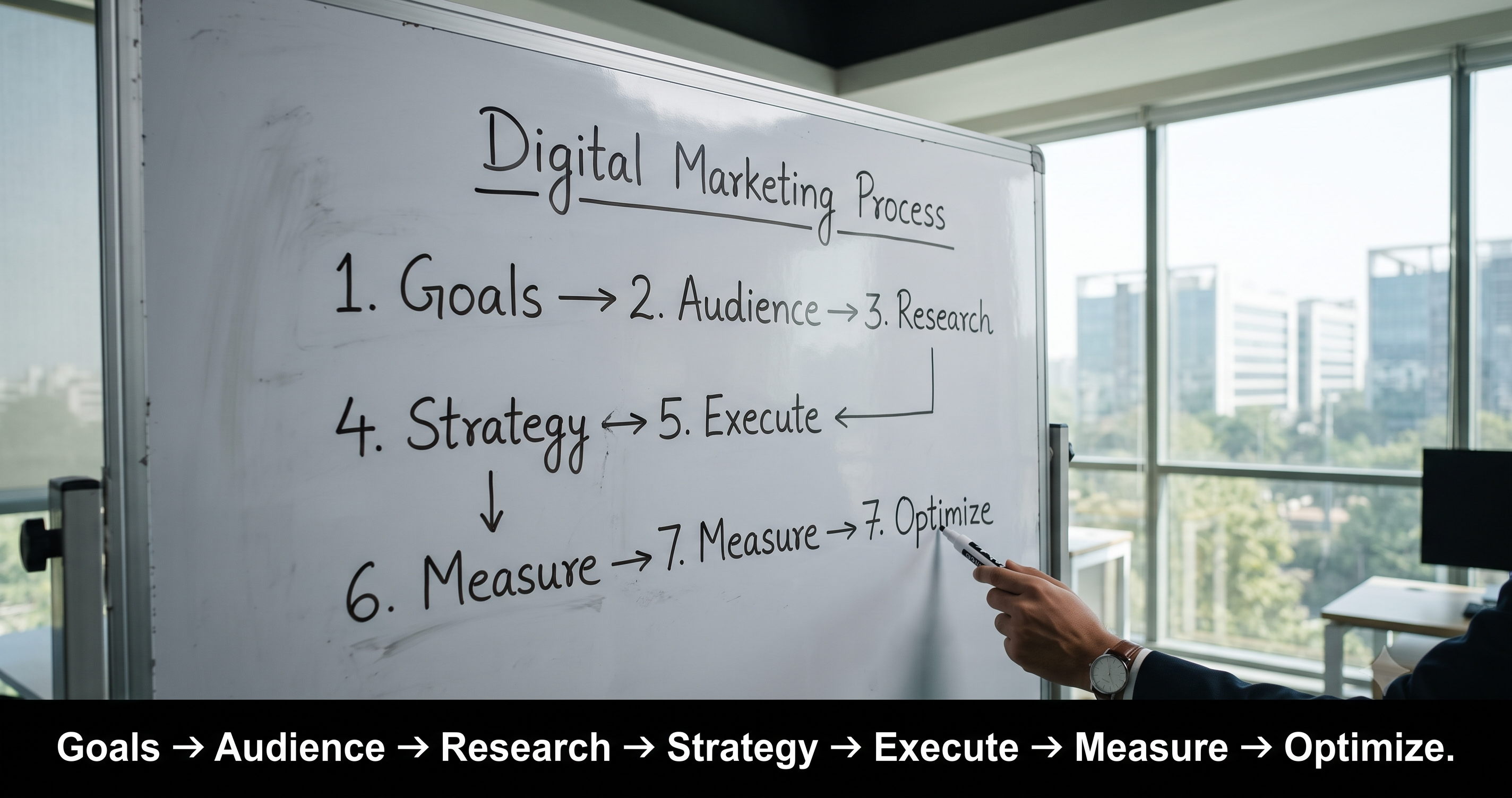 7-step digital marketing process showing goals, audience research, strategy, campaign execution, performance measurement, and optimization to build successful digital marketing campaigns by FT Nexavvy Private Limited.