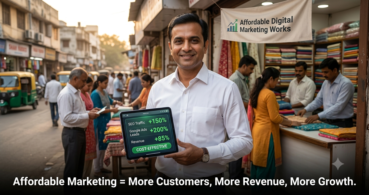 Gujarati business owner showcasing affordable digital marketing results including SEO traffic growth, Google Ads leads, and increased revenue outside a busy Ahmedabad textile shop with FT Nexavvy's cost-effective digital marketing solutions.