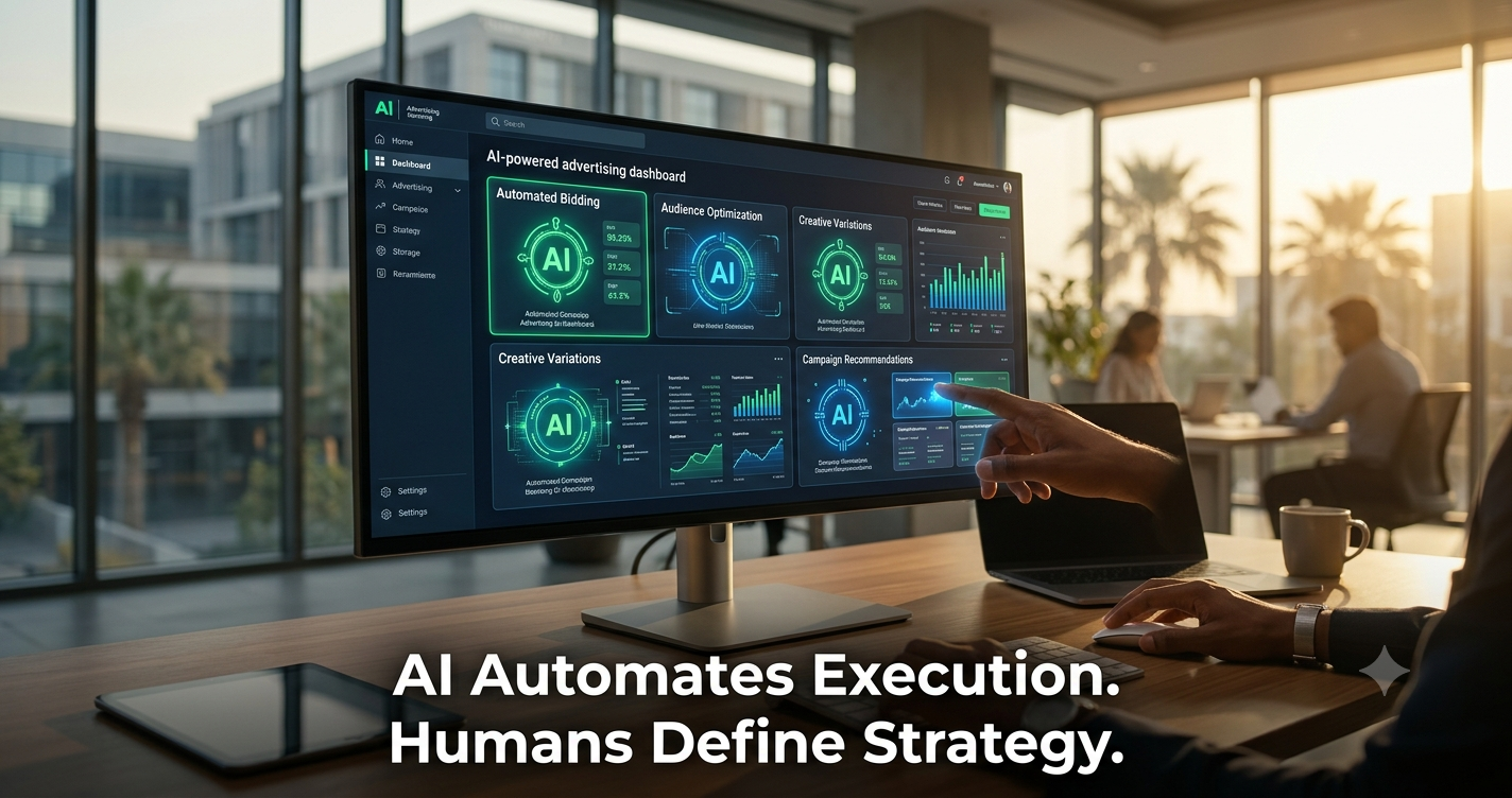 AI-powered digital marketing dashboard showing automated bidding, audience optimization, creative variations, and campaign recommendations while emphasizing that AI automates execution and humans define marketing strategy.