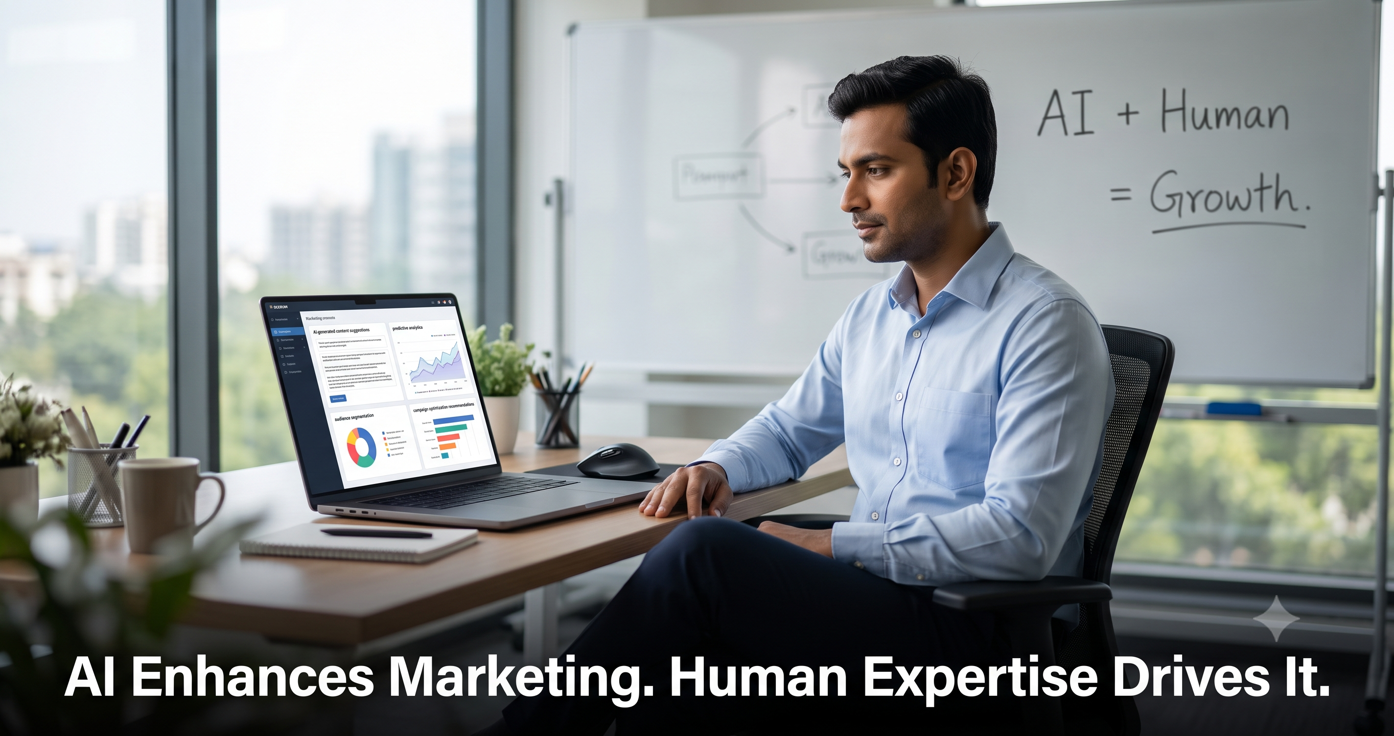 AI-powered digital marketing strategy combining artificial intelligence, human expertise, predictive analytics, content optimization, and marketing insights to drive sustainable business growth by FT Nexavvy Private Limited.