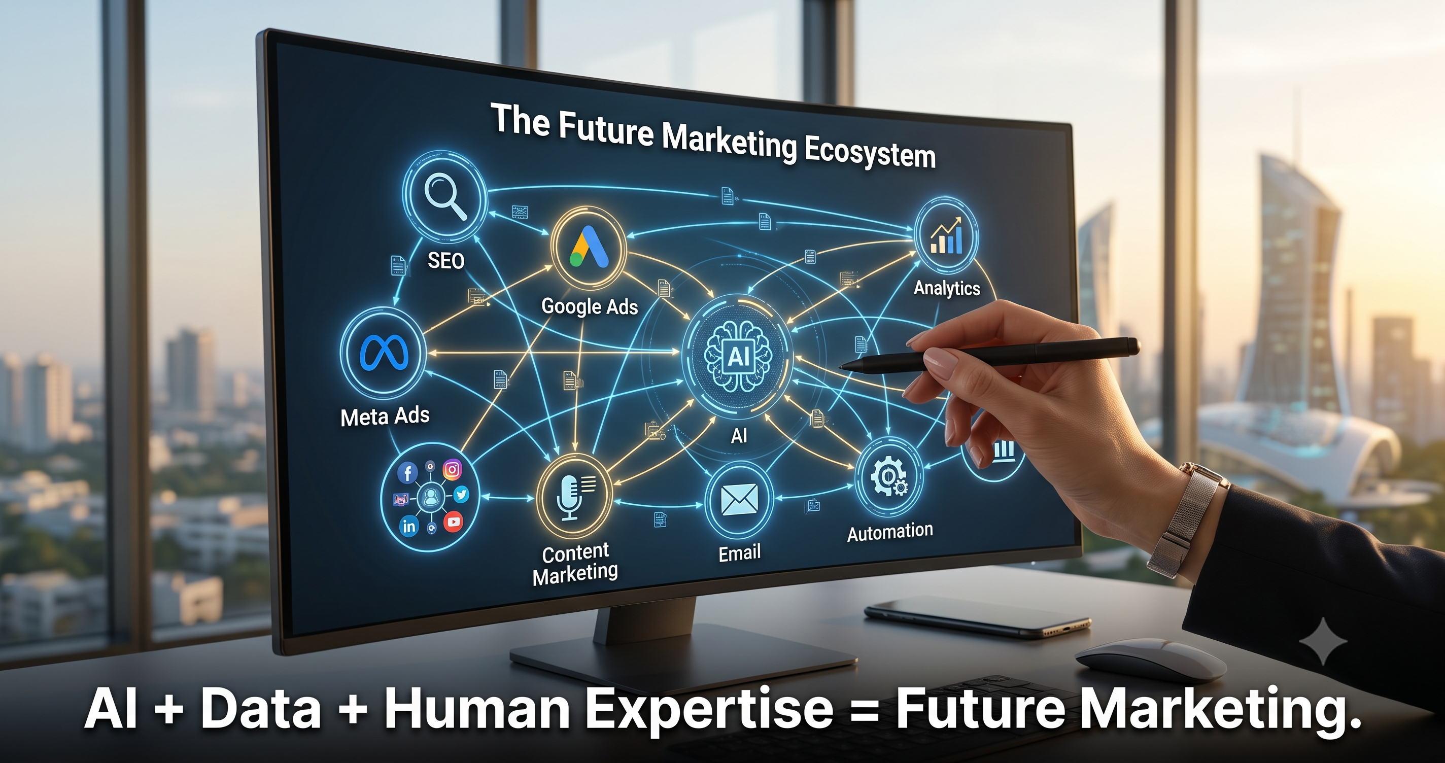 AI-powered digital marketing ecosystem connecting SEO, Google Ads, Meta Ads, content marketing, email marketing, analytics, automation, and artificial intelligence to drive business growth by FT Nexavvy Private Limited.