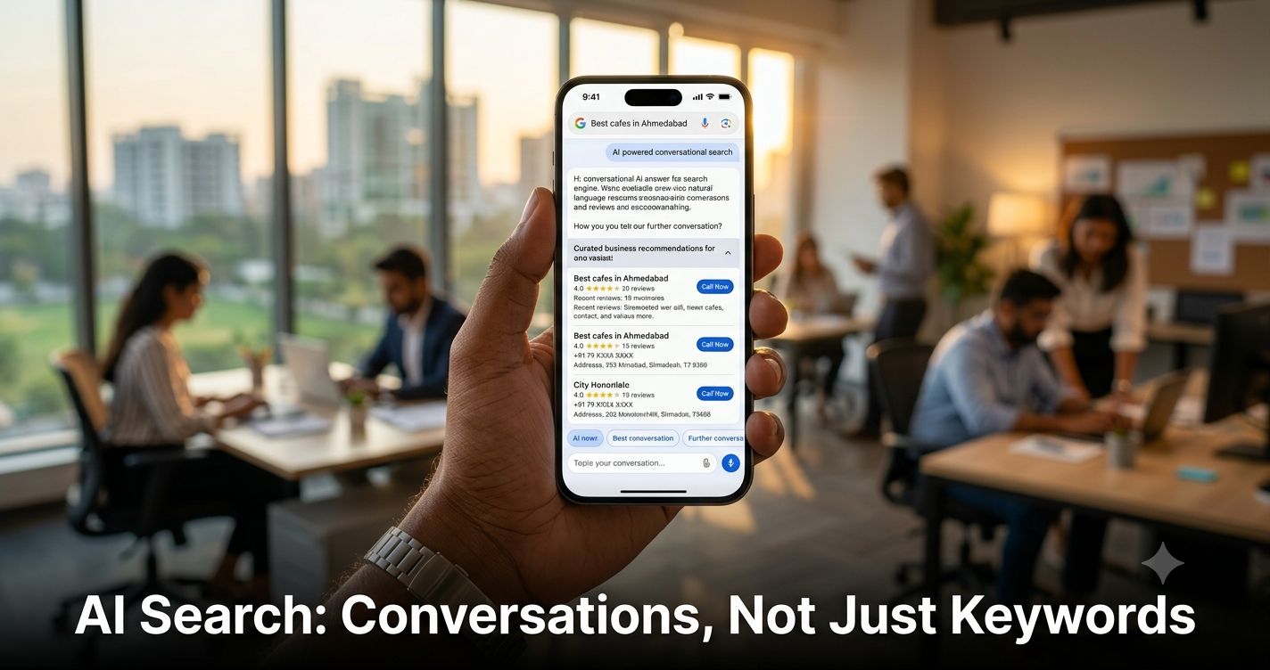 AI-powered conversational search interface on a smartphone demonstrating the future of search engine optimization, conversational SEO, local search results, and AI-driven search experiences.