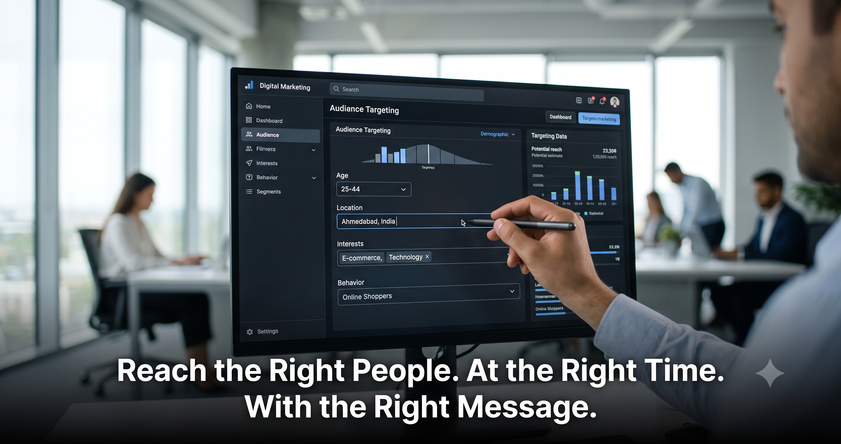 Digital marketing audience targeting dashboard showing customer demographics, interests, behavior, and location segmentation to reach the right audience with personalized campaigns by FT Nexavvy Private Limited.