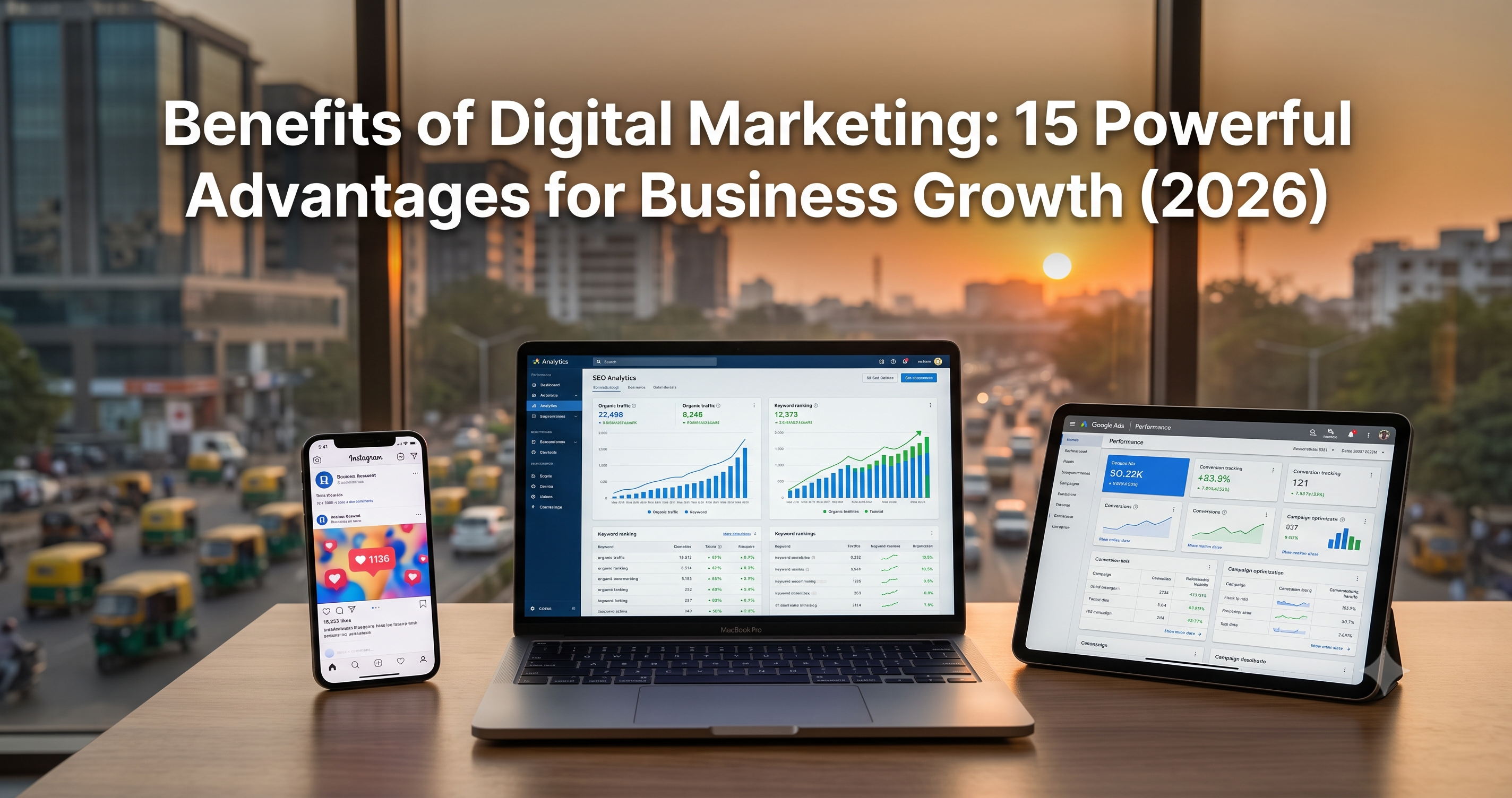 Benefits of digital marketing illustration showing SEO analytics, social media marketing, website performance dashboards, and business growth metrics to increase online visibility and revenue by FT Nexavvy Private Limited.