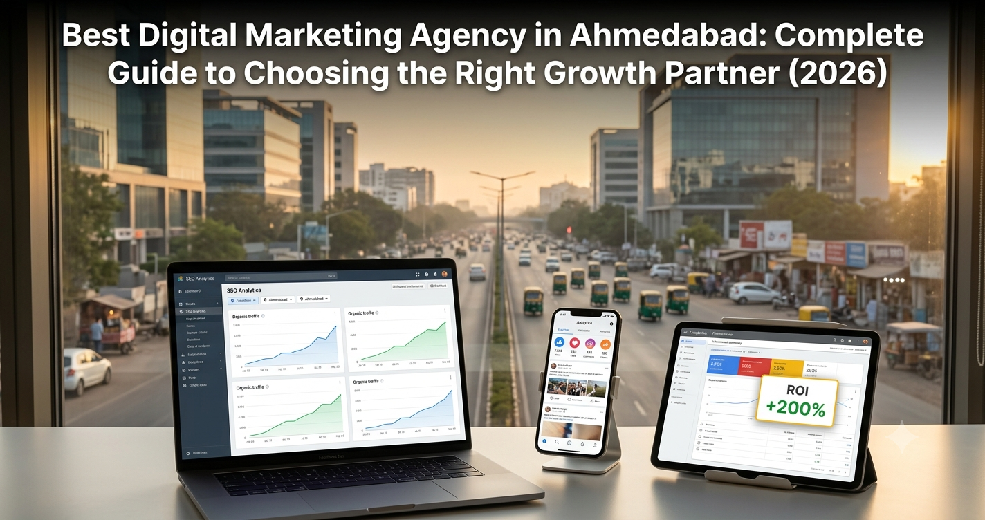 Best digital marketing agency in Ahmedabad showcasing SEO, Google Ads, social media marketing, and ROI-driven digital marketing solutions for business growth in 2026.