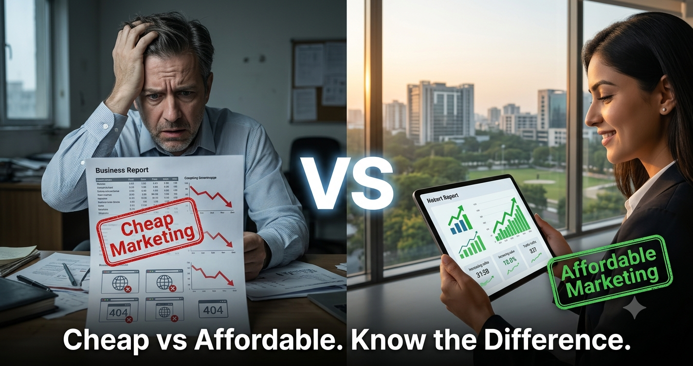 Comparison between cheap and affordable digital marketing services showing poor results versus sustainable business growth, highlighting why businesses should choose value-driven digital marketing solutions from FT Nexavvy Private Limited.