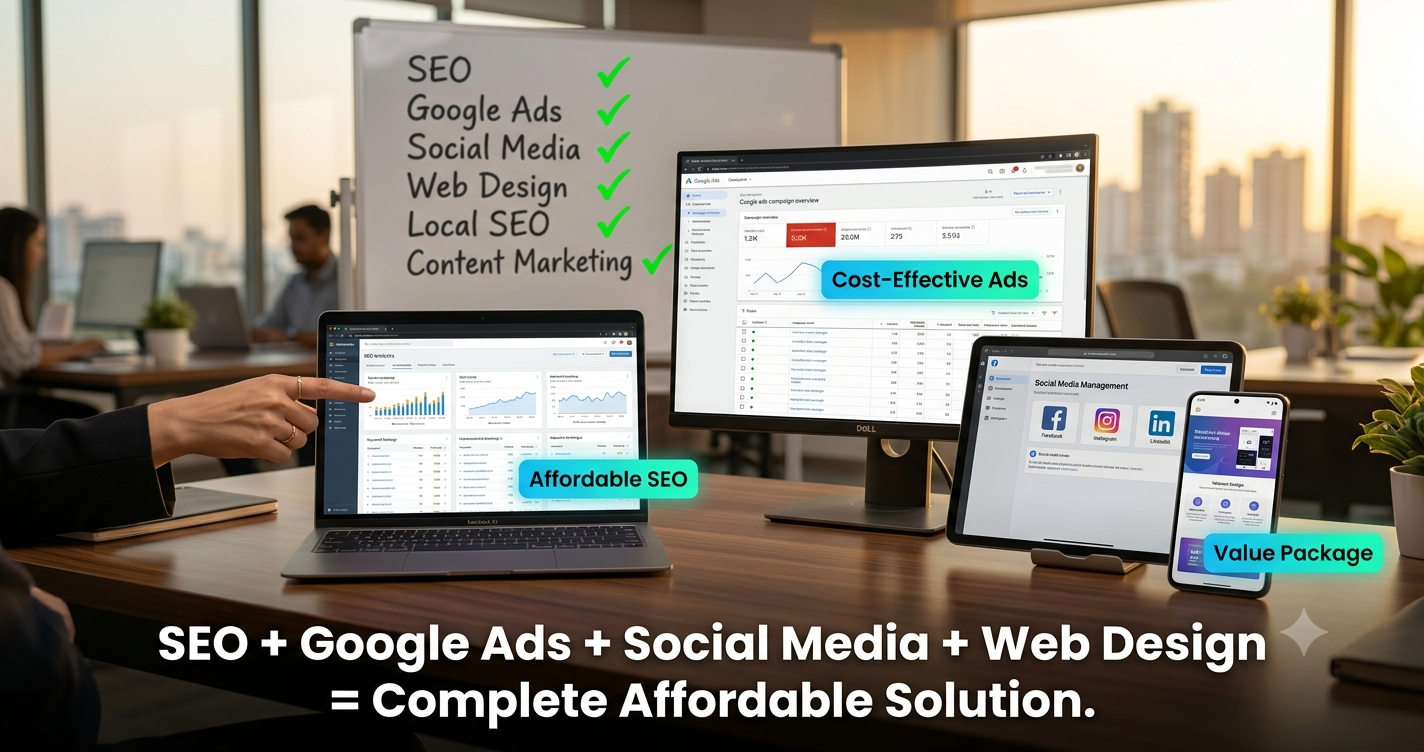 Complete affordable digital marketing solution in Ahmedabad featuring SEO, Google Ads, social media marketing, web design, local SEO, and content marketing services by FT Nexavvy Private Limited.