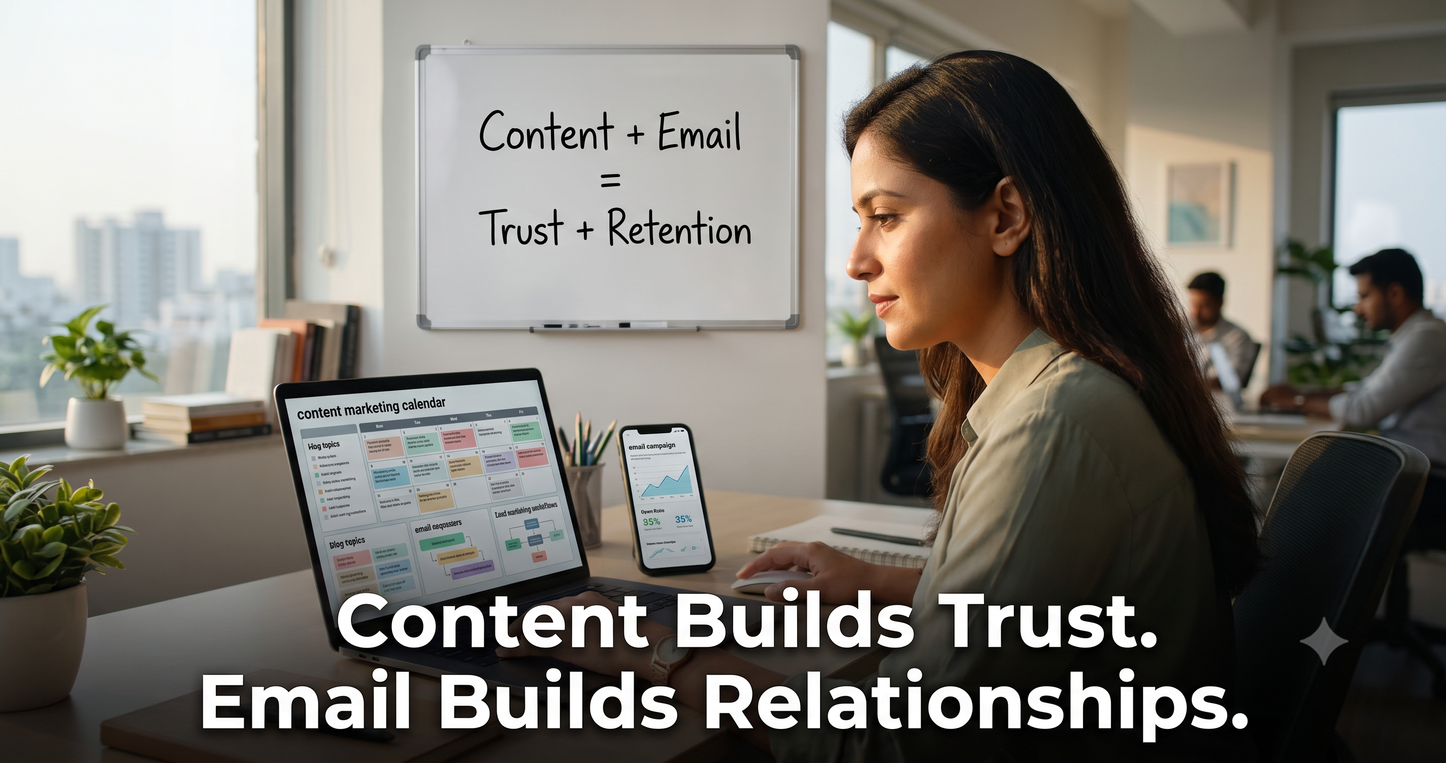 Content marketing and email marketing strategy illustrating content planning, email campaigns, customer engagement, lead nurturing, trust building, and customer retention by FT Nexavvy Private Limited.