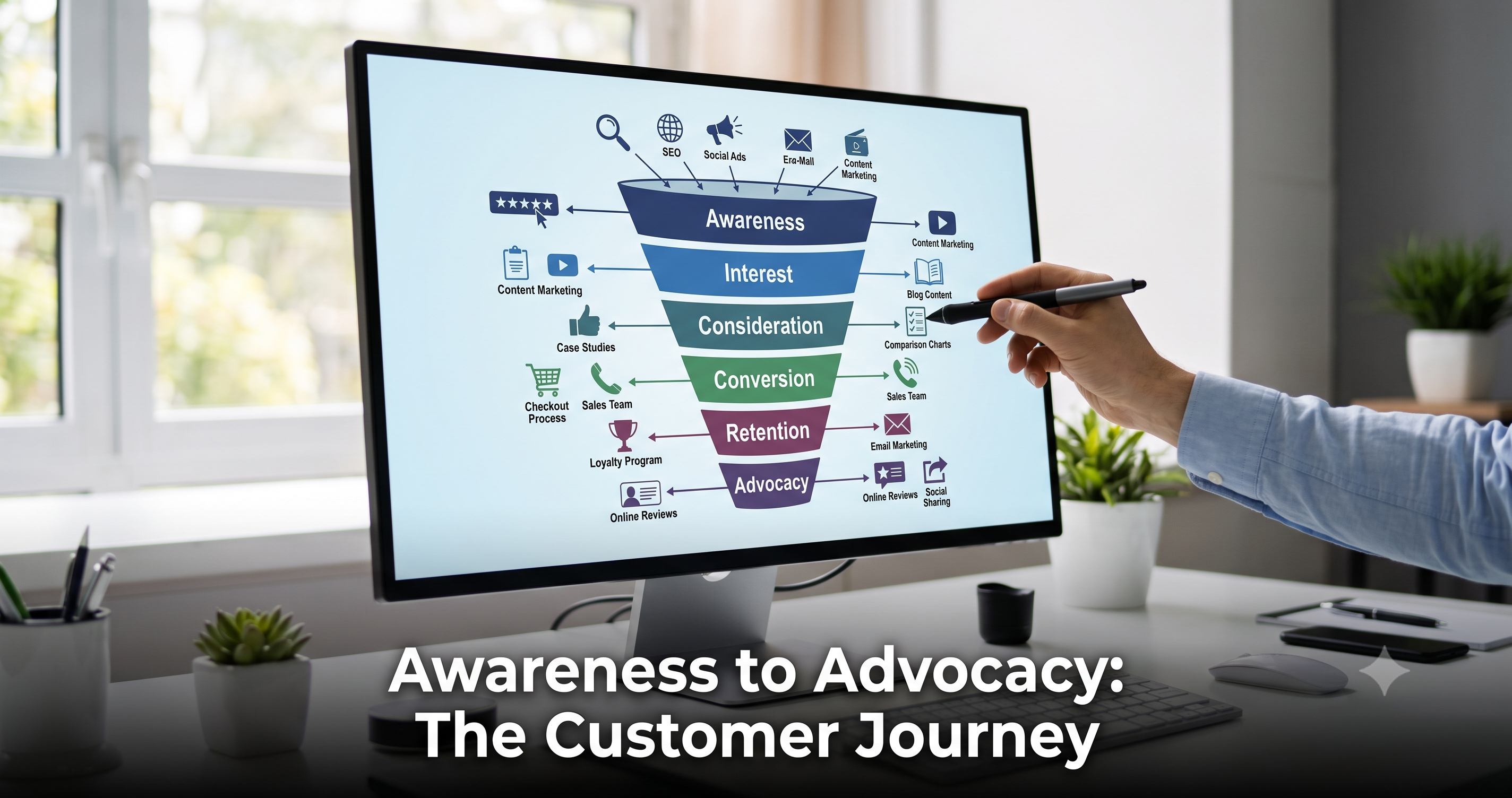 Digital marketing customer journey funnel illustrating awareness, interest, consideration, conversion, retention, and advocacy with SEO, content marketing, email marketing, and social media strategies by FT Nexavvy Private Limited.