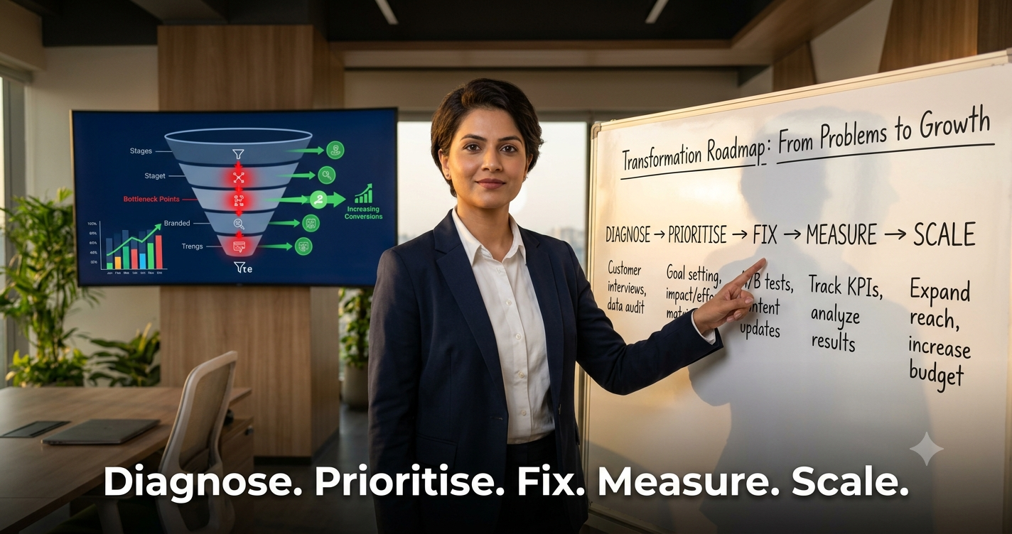 Digital marketing strategist presenting a transformation roadmap from diagnosing marketing problems to prioritizing, fixing, measuring performance, and scaling business growth.
