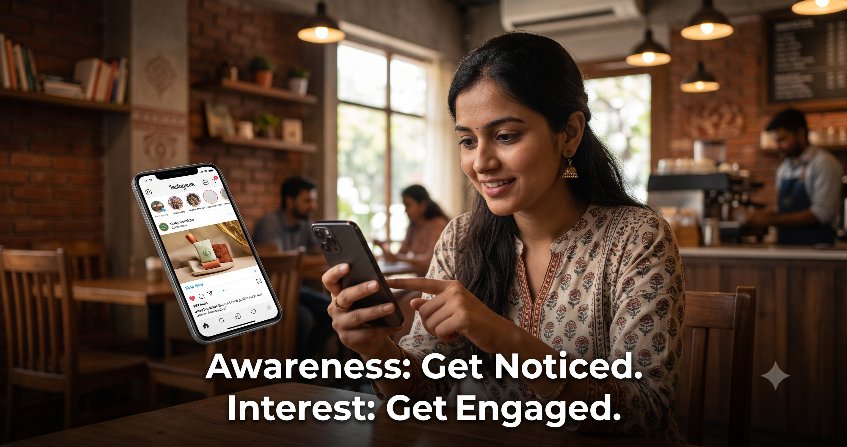 Customer engaging with Instagram content on a smartphone, demonstrating the awareness and interest stages of the digital marketing funnel through social media marketing by FT Nexavvy Private Limited.