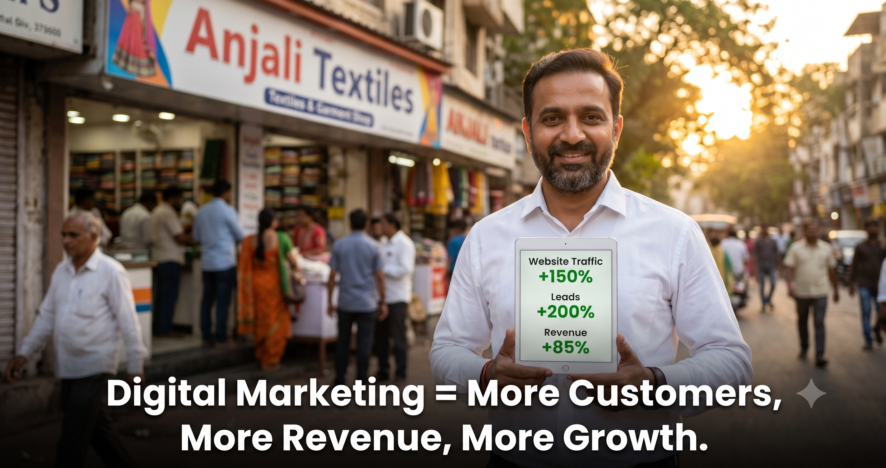 Local business owner showcasing digital marketing results with increased website traffic, lead generation, and revenue growth through SEO, Google Ads, and social media marketing by FT Nexavvy Private Limited.
