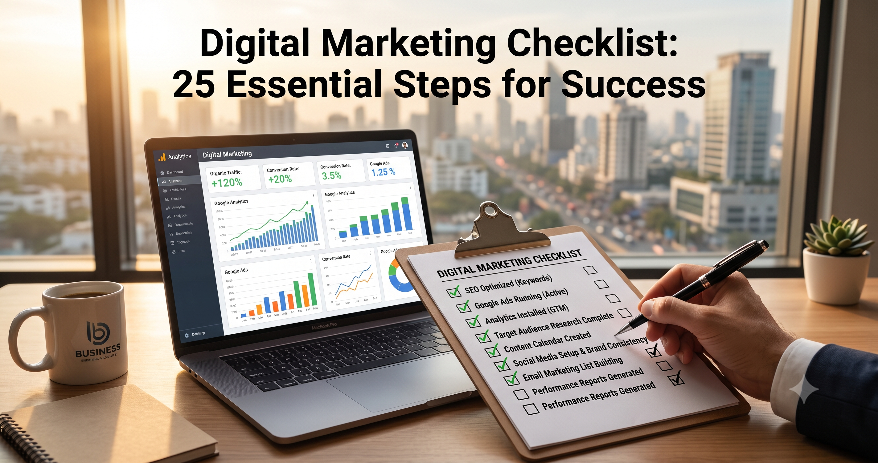Digital marketing checklist illustrating essential steps including SEO, Google Ads, analytics, content marketing, social media marketing, email marketing, and performance tracking for business success by FT Nexavvy Private Limited.