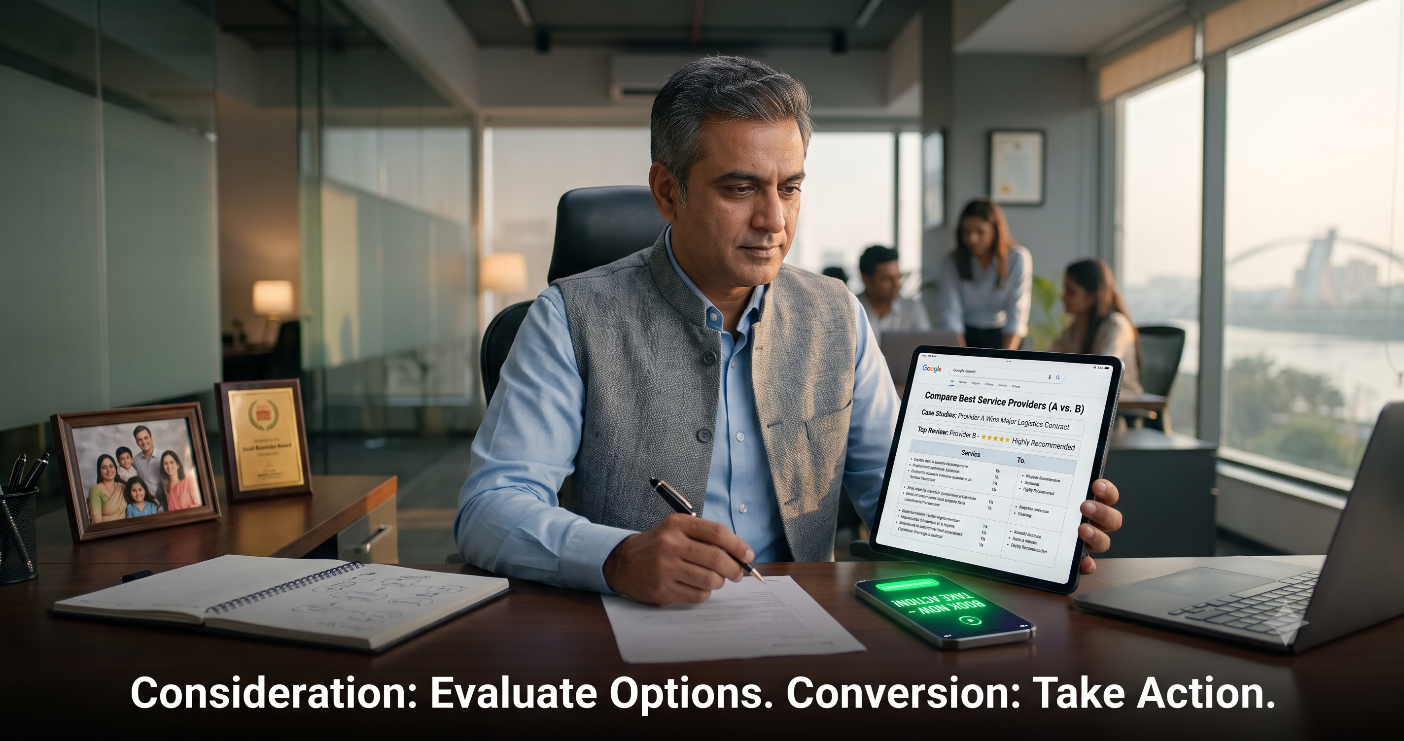 Business decision-maker comparing service providers on a digital device during the consideration and conversion stages of the digital marketing funnel to make an informed purchasing decision by FT Nexavvy Private Limited.