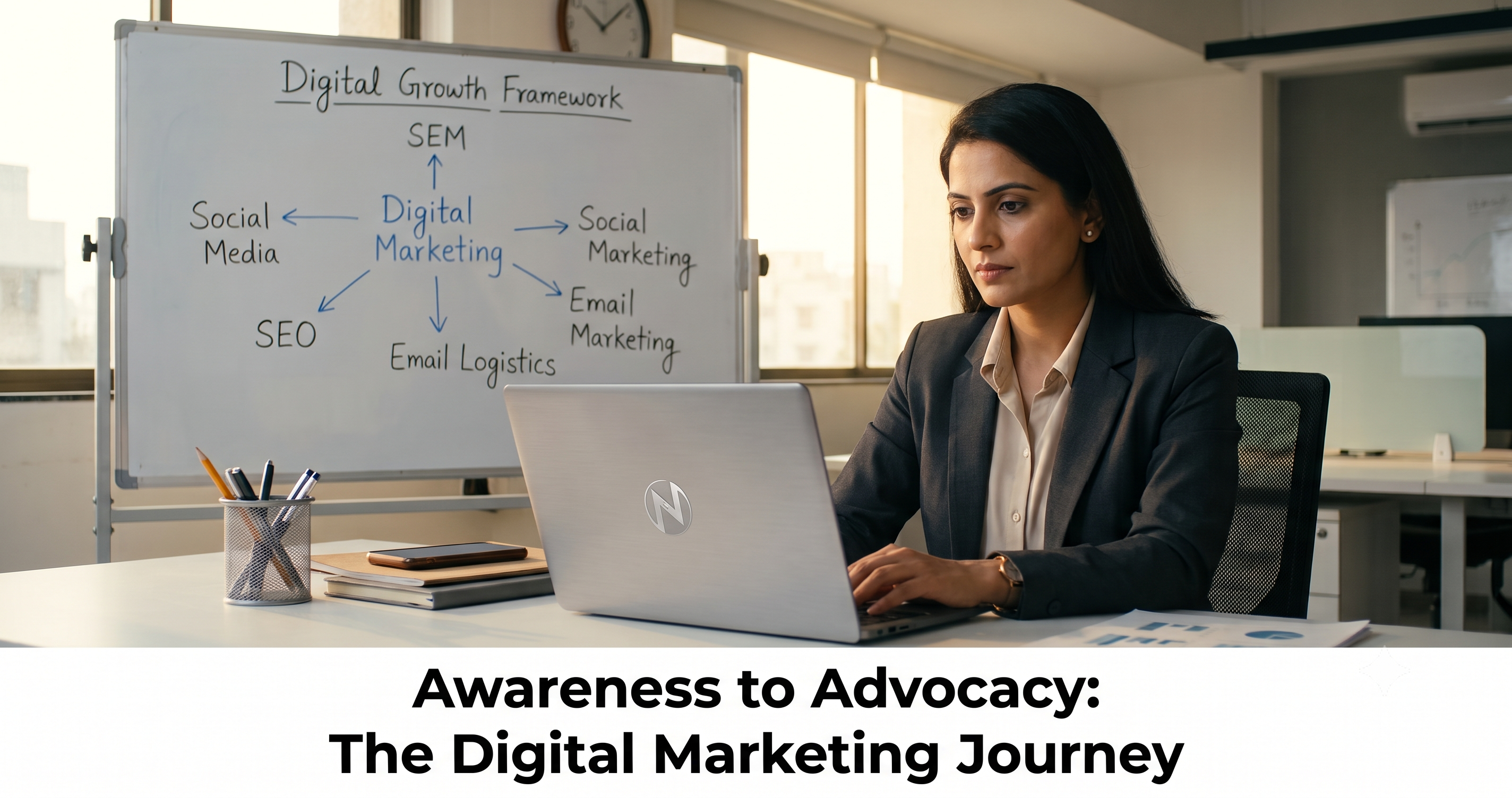 Digital marketing customer journey illustrating the awareness to advocacy funnel with SEO, SEM, social media marketing, email marketing, and digital growth strategies by FT Nexavvy Private Limited.