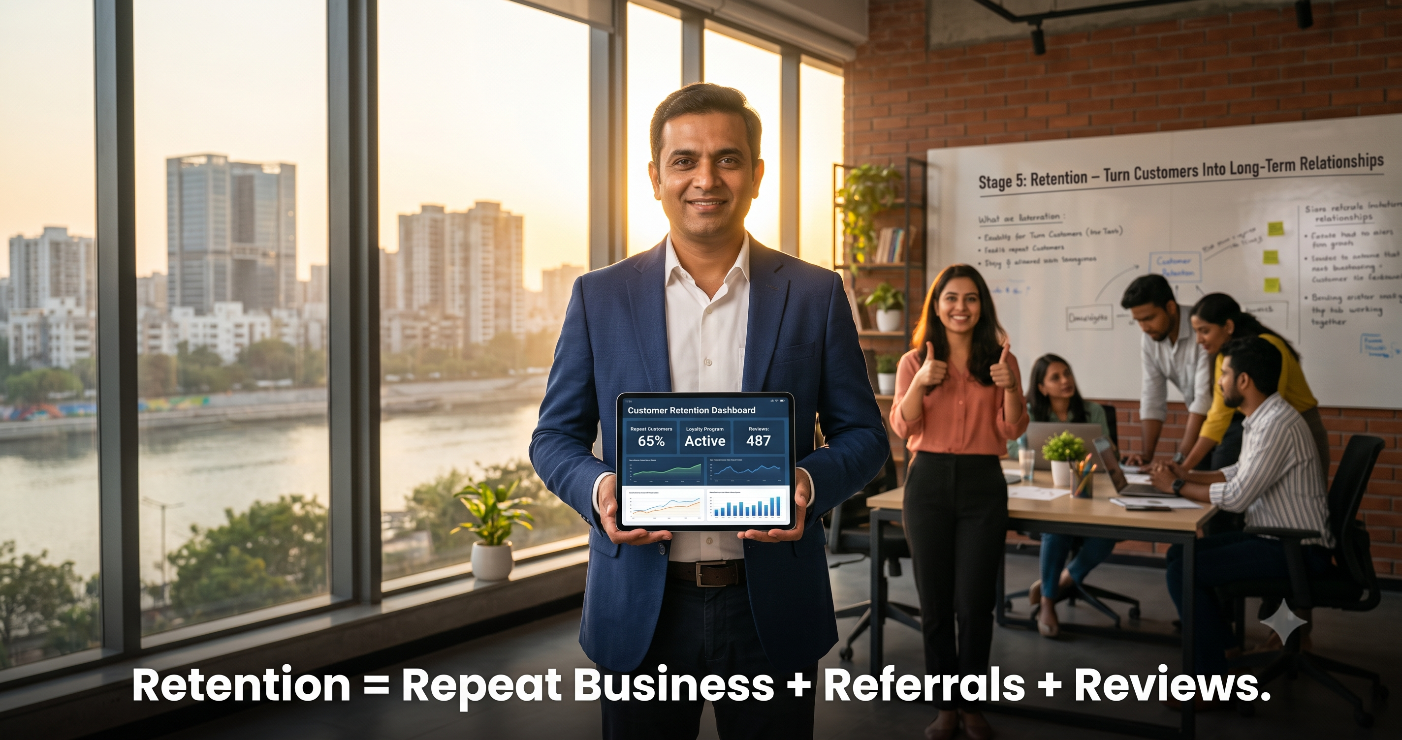 Business leader presenting a customer retention dashboard showing repeat customers, loyalty programs, customer reviews, and referral growth during the retention stage of the digital marketing funnel by FT Nexavvy Private Limited.