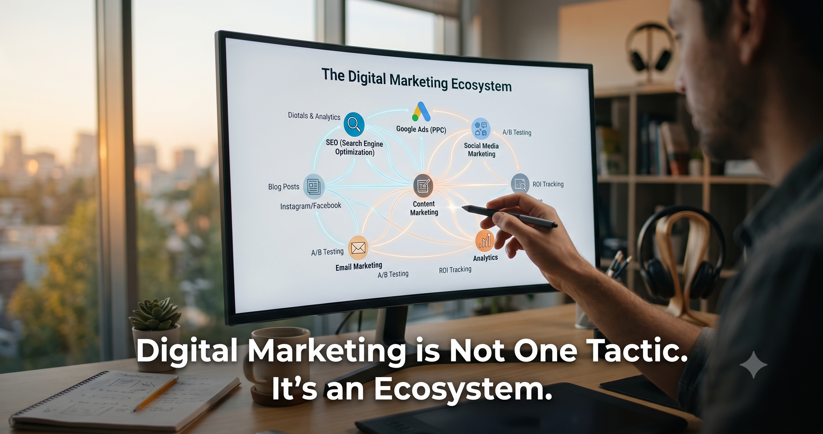 Digital marketing ecosystem illustrating SEO, Google Ads, social media marketing, content marketing, email marketing, analytics, and business growth strategies by FT Nexavvy Private Limited.