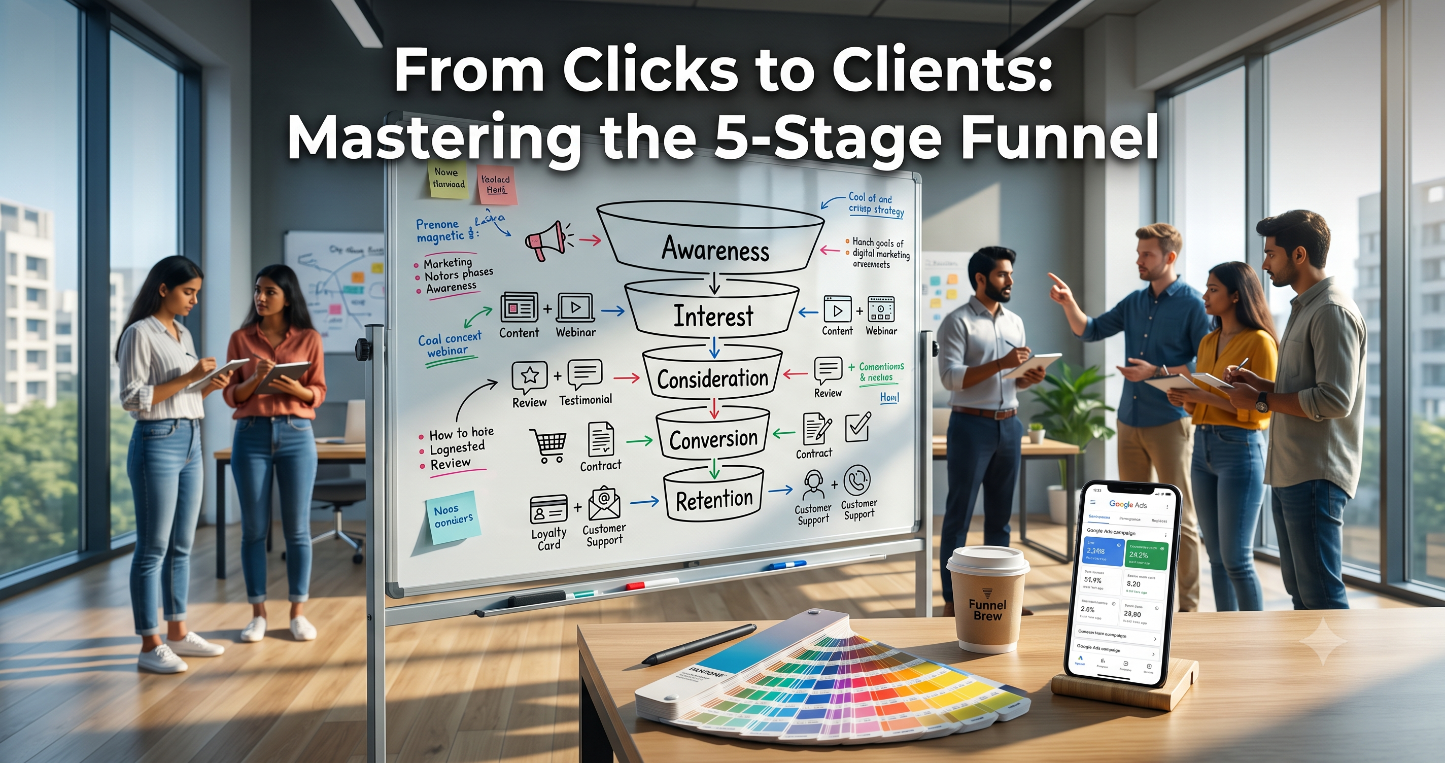 5-stage digital marketing funnel illustrating awareness, interest, consideration, conversion, and customer retention to turn website visitors into loyal customers by FT Nexavvy Private Limited.