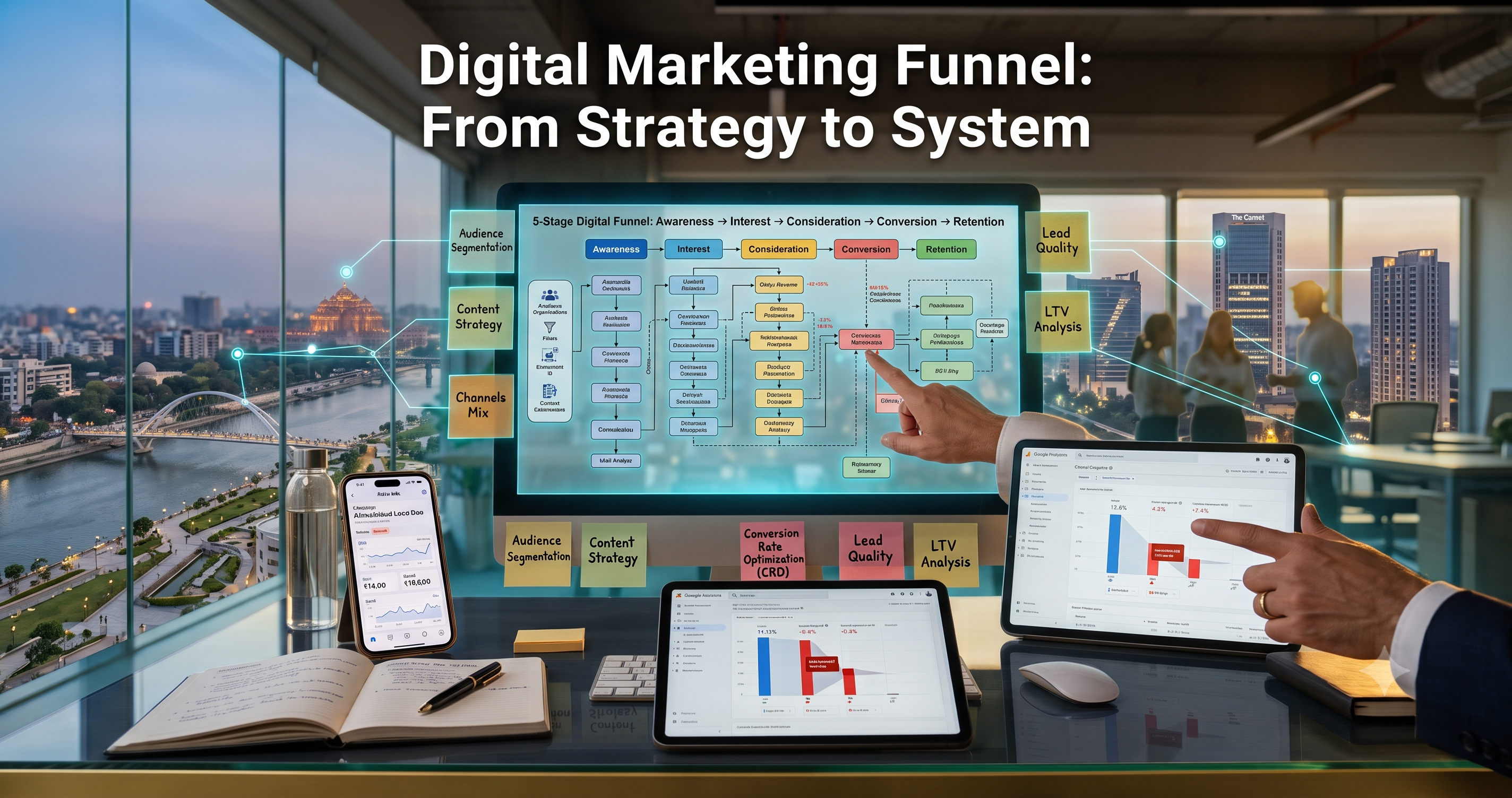 Digital marketing funnel system illustrating audience segmentation, content strategy, lead generation, conversion optimization, lead qualification, and customer retention for sustainable business growth by FT Nexavvy Private Limited.