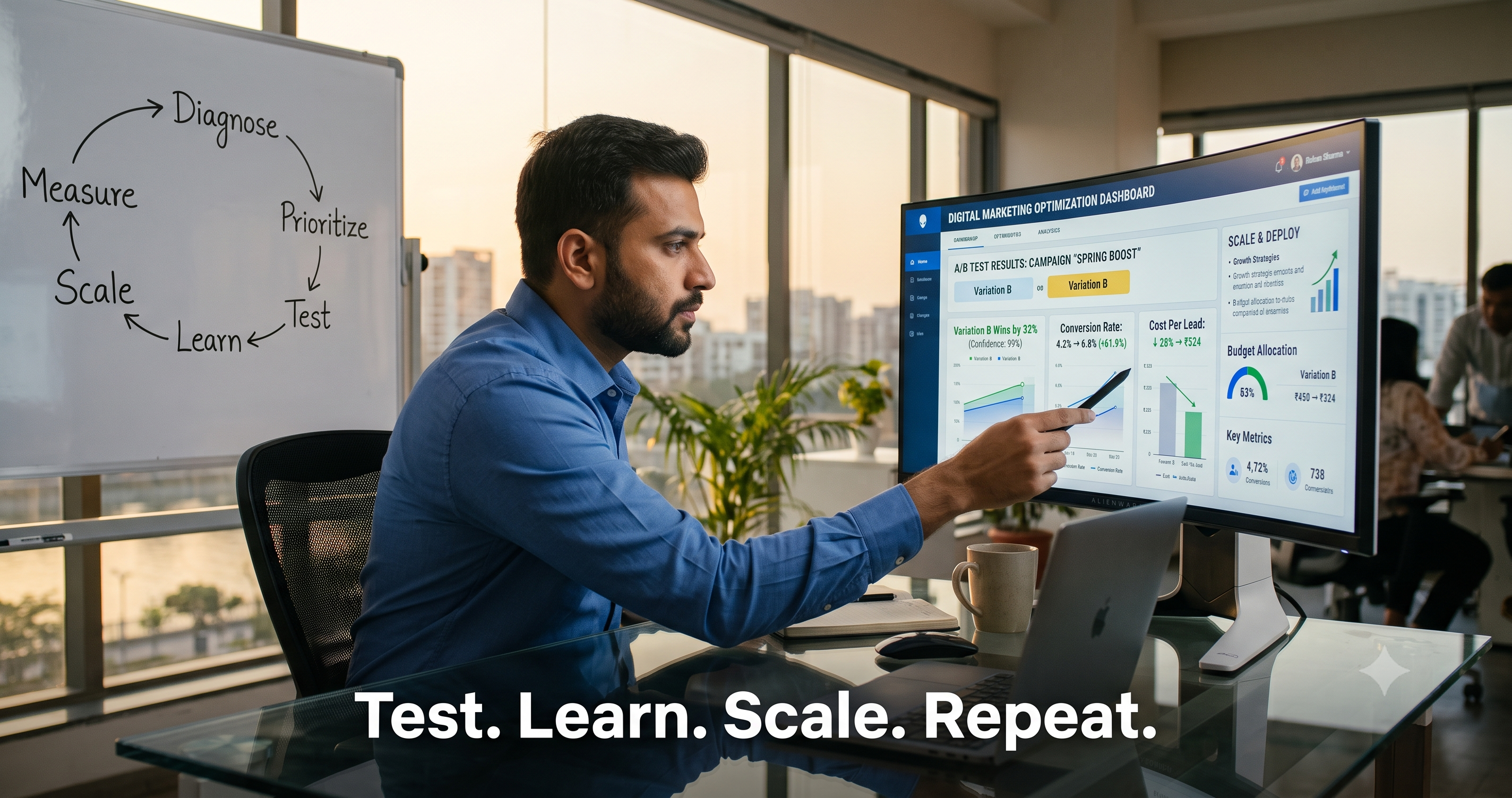 Digital marketing optimization dashboard showing A/B testing, conversion rate optimization, campaign analytics, performance metrics, and continuous marketing improvement by FT Nexavvy Private Limited.