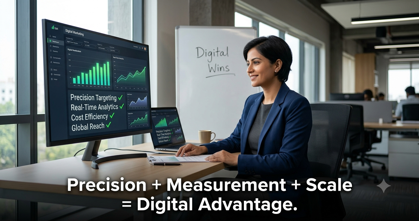 Digital marketing dashboard displaying precision targeting, real-time analytics, cost efficiency, and global reach to illustrate the measurable advantages of digital marketing for business growth.