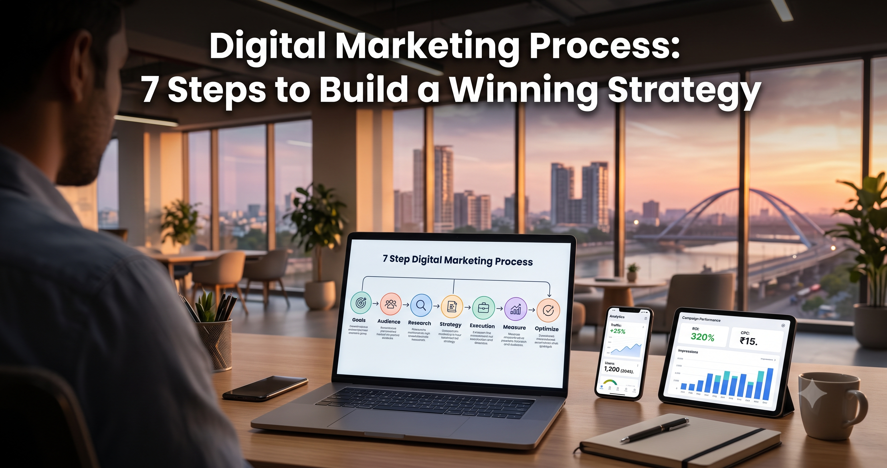 Digital marketing process illustrating a 7-step strategy including goal setting, audience research, marketing strategy, campaign execution, performance measurement, and optimization for business growth by FT Nexavvy Private Limited.
