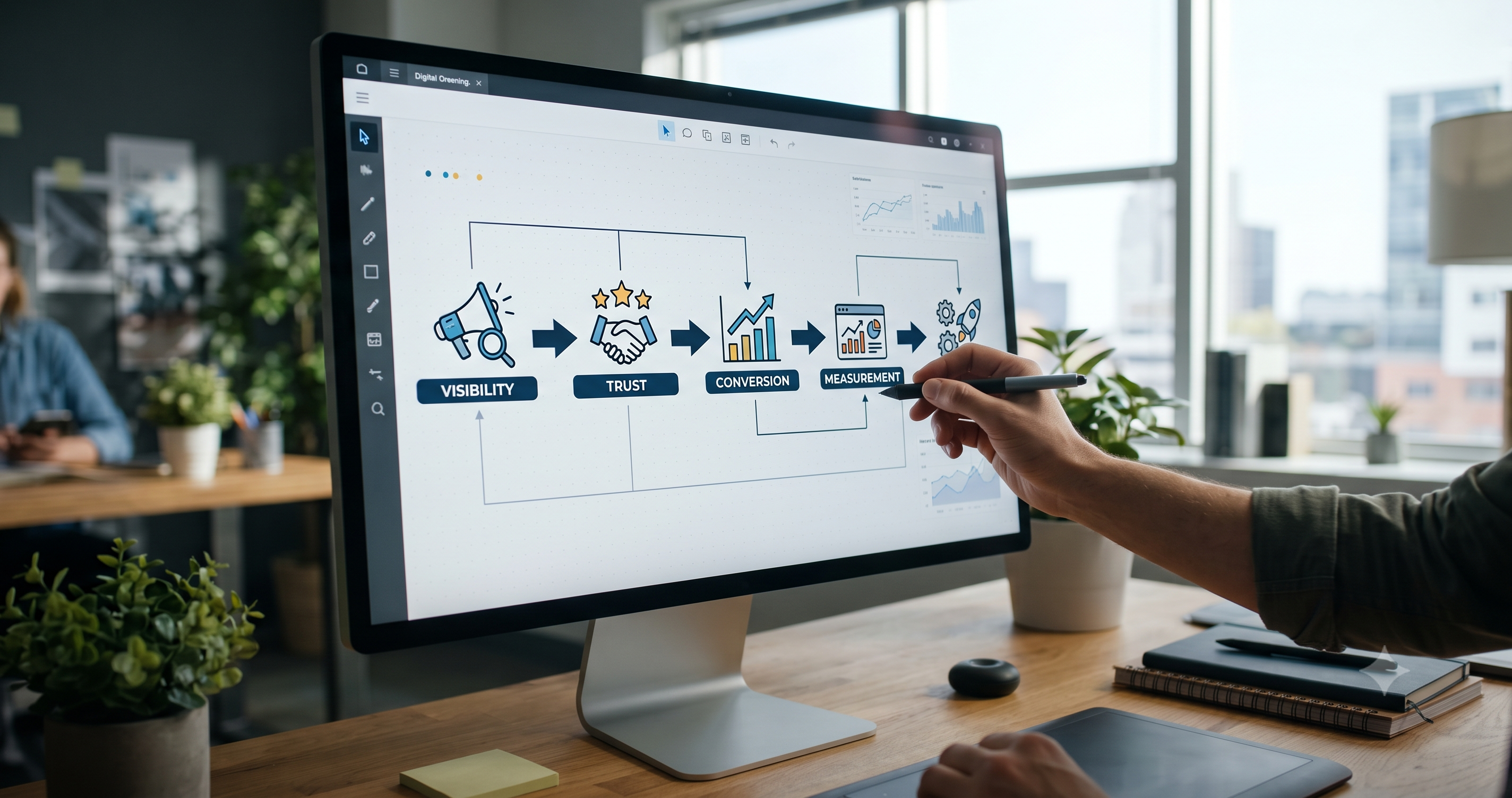 Digital marketing process illustrating visibility, trust, conversion, performance measurement, and business growth through SEO, content marketing, social media marketing, and analytics by FT Nexavvy Private Limited.