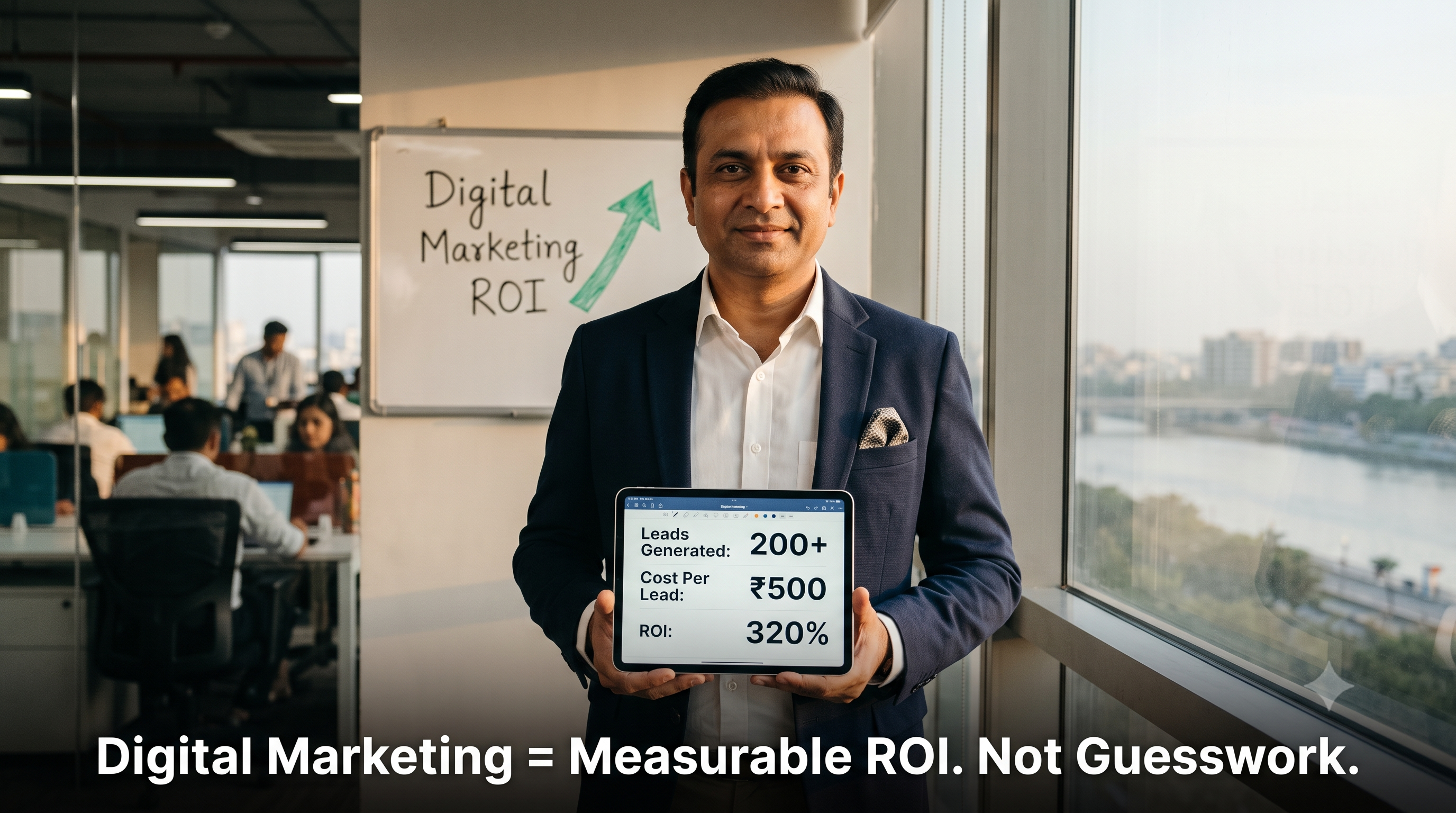 Business professional presenting digital marketing ROI with lead generation metrics, cost per lead, and return on investment dashboard, demonstrating measurable marketing success by FT Nexavvy Private Limited.