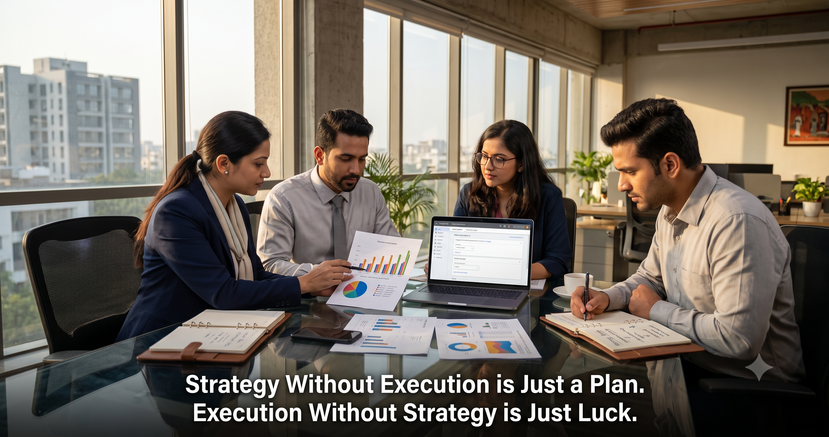 Digital marketing team planning campaign strategy, analyzing performance reports, and discussing campaign execution to improve business growth and ROI by FT Nexavvy Private Limited.