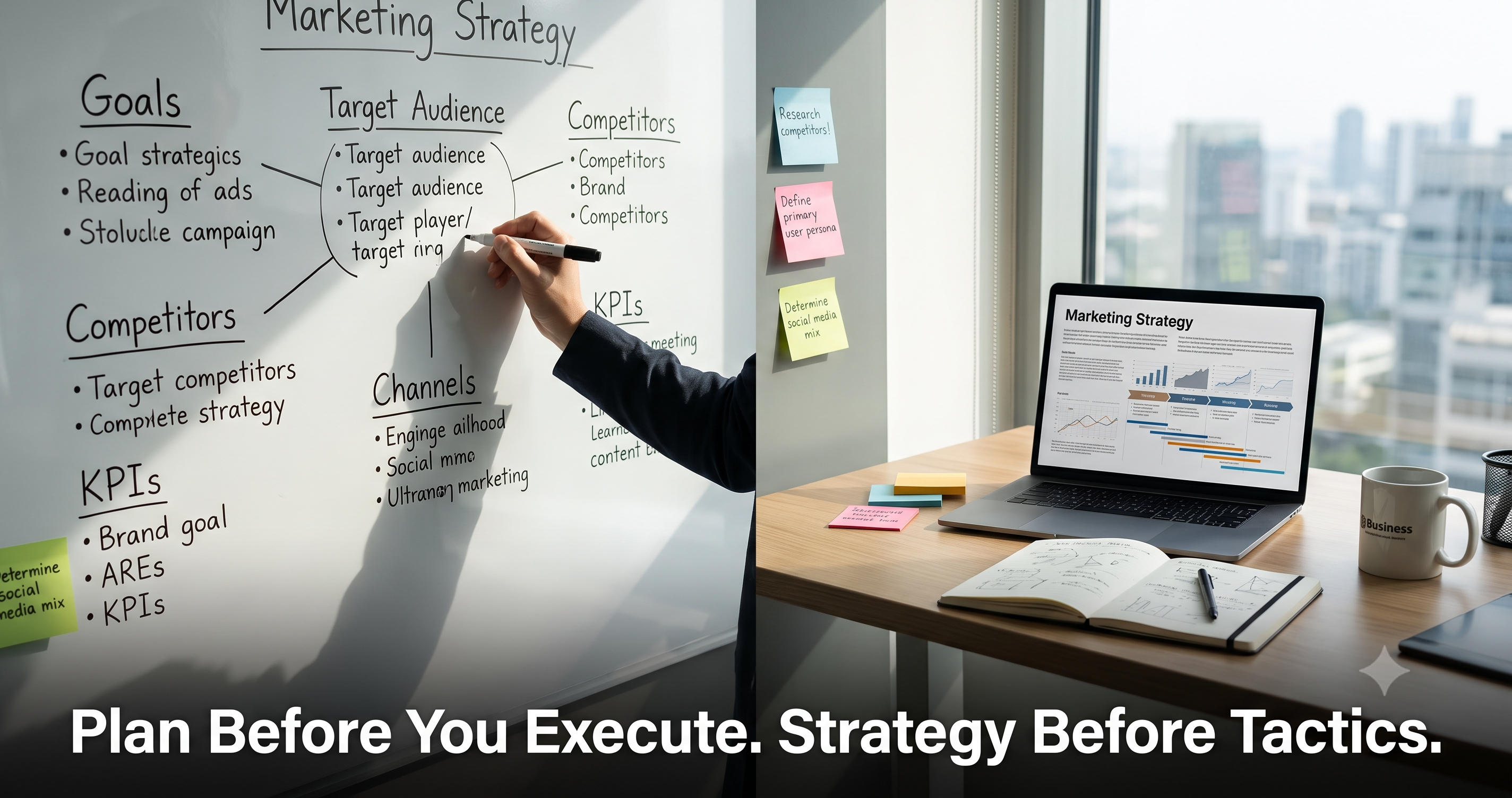Digital marketing strategy planning session showing target audience research, competitor analysis, KPI planning, marketing channels, and campaign execution framework by FT Nexavvy Private Limited.