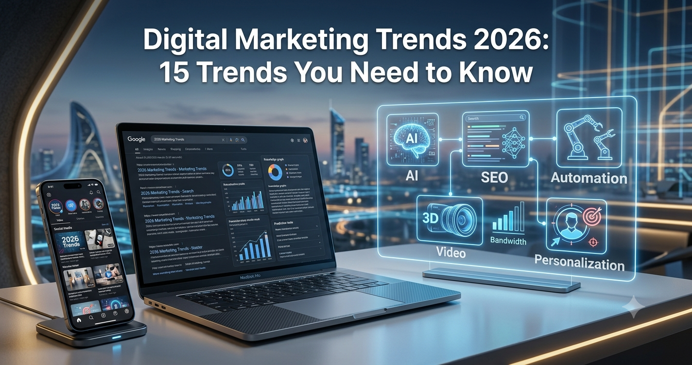Digital marketing trends for 2026 featuring AI, SEO, marketing automation, video marketing, personalization, and emerging technologies shaping the future of digital marketing.