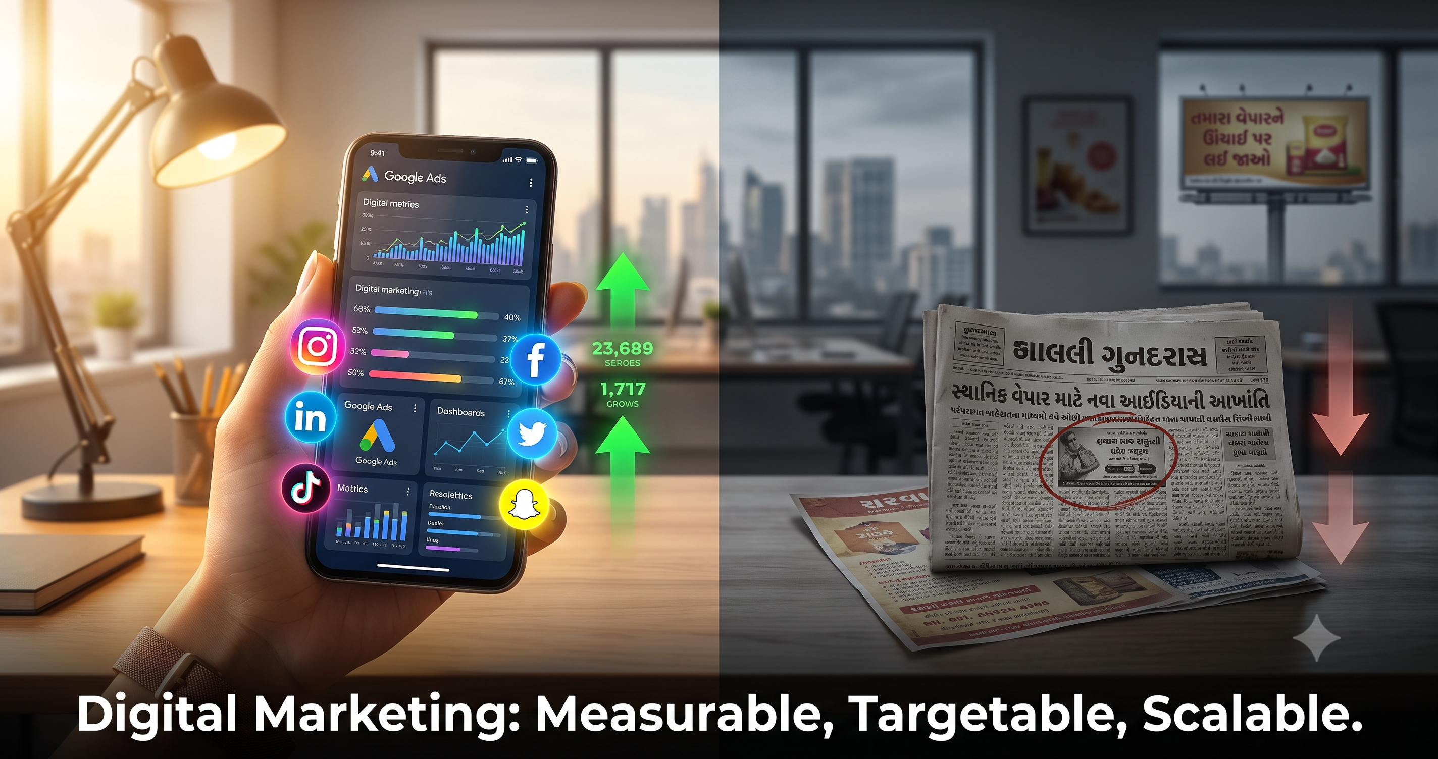 Comparison of digital marketing and traditional marketing showing measurable analytics, social media advertising, Google Ads, audience targeting, scalability, and business growth by FT Nexavvy Private Limited.