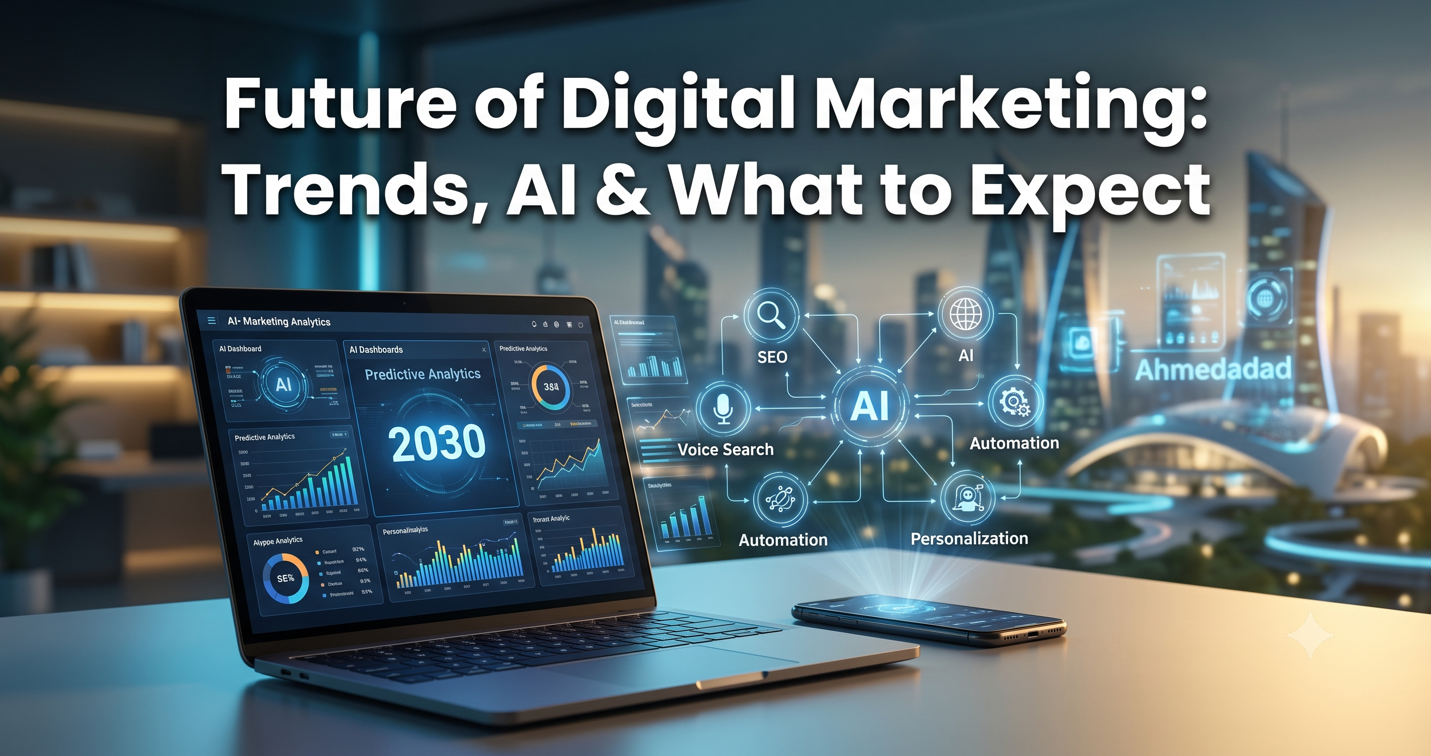 Future of digital marketing featuring AI, predictive analytics, SEO, marketing automation, voice search, personalization, and data-driven marketing trends for business growth by FT Nexavvy Private Limited.