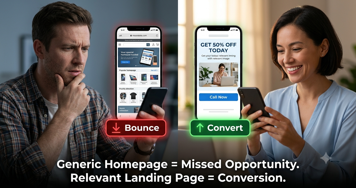Split-screen comparison showing a user leaving a generic homepage versus converting on a targeted landing page, demonstrating how relevant landing pages improve conversion rates and lead generation.