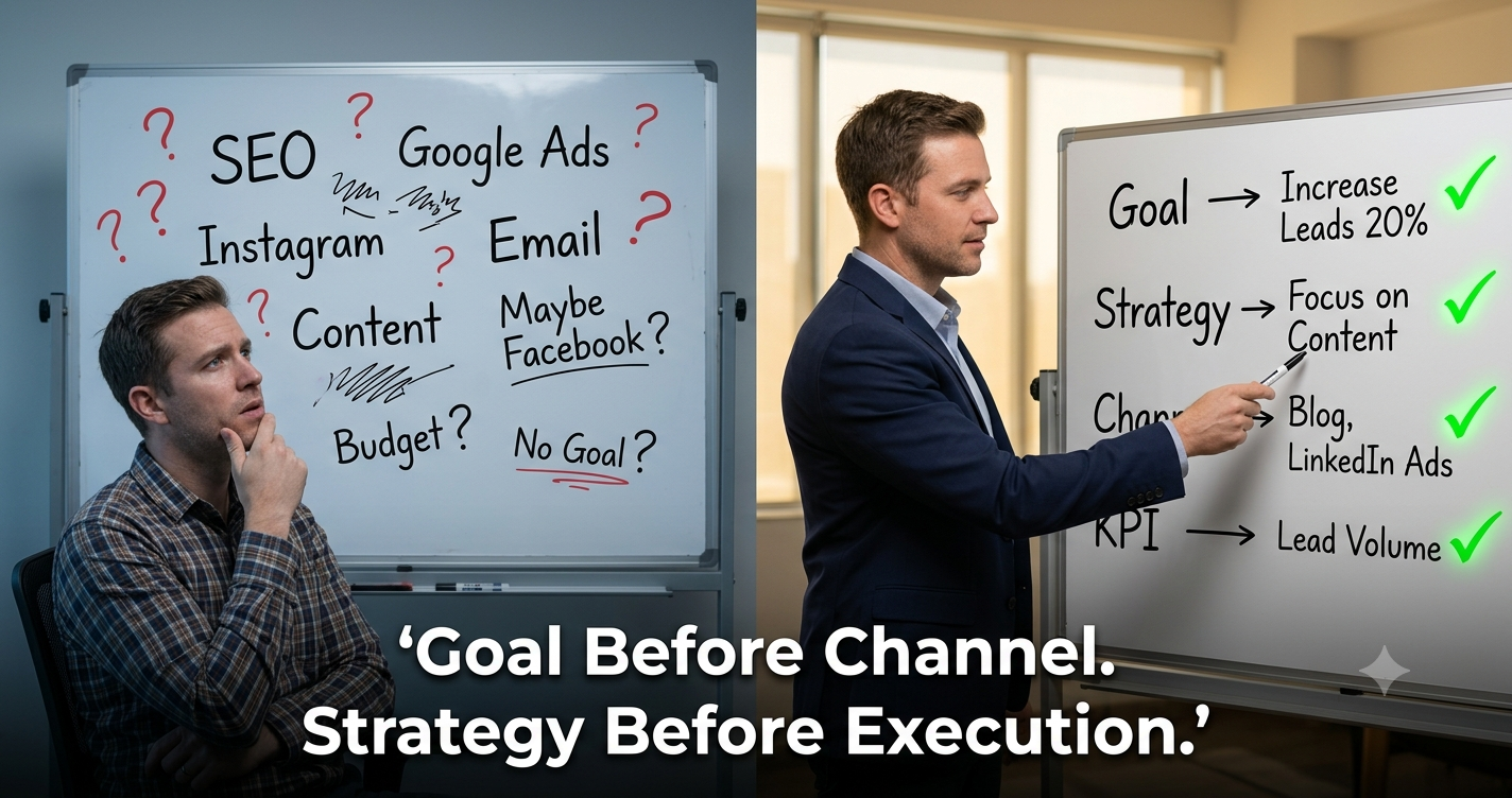 Split-screen comparison showing unstructured digital marketing planning versus a goal-driven marketing strategy with defined objectives, content planning, channel selection, KPIs, and lead generation.