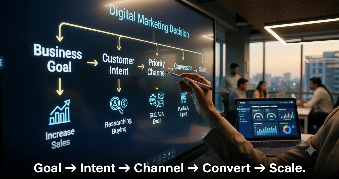 Digital marketing decision framework illustrating the journey from business goals and customer intent to channel selection, conversions, and business growth using SEO, Google Ads, email marketing, and data-driven strategies by FT Nexavvy Private Limited.