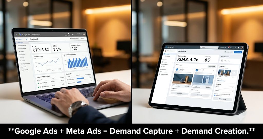 Comparison of Google Ads and Meta Ads dashboards illustrating PPC advertising, performance marketing, demand generation, lead generation, and return on ad spend (ROAS) strategies by FT Nexavvy Private Limited.