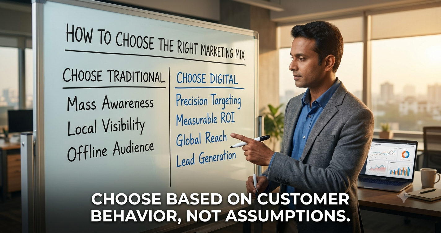 Marketing strategy comparison showing how to choose between traditional and digital marketing based on customer behavior, precision targeting, measurable ROI, lead generation, and business goals.