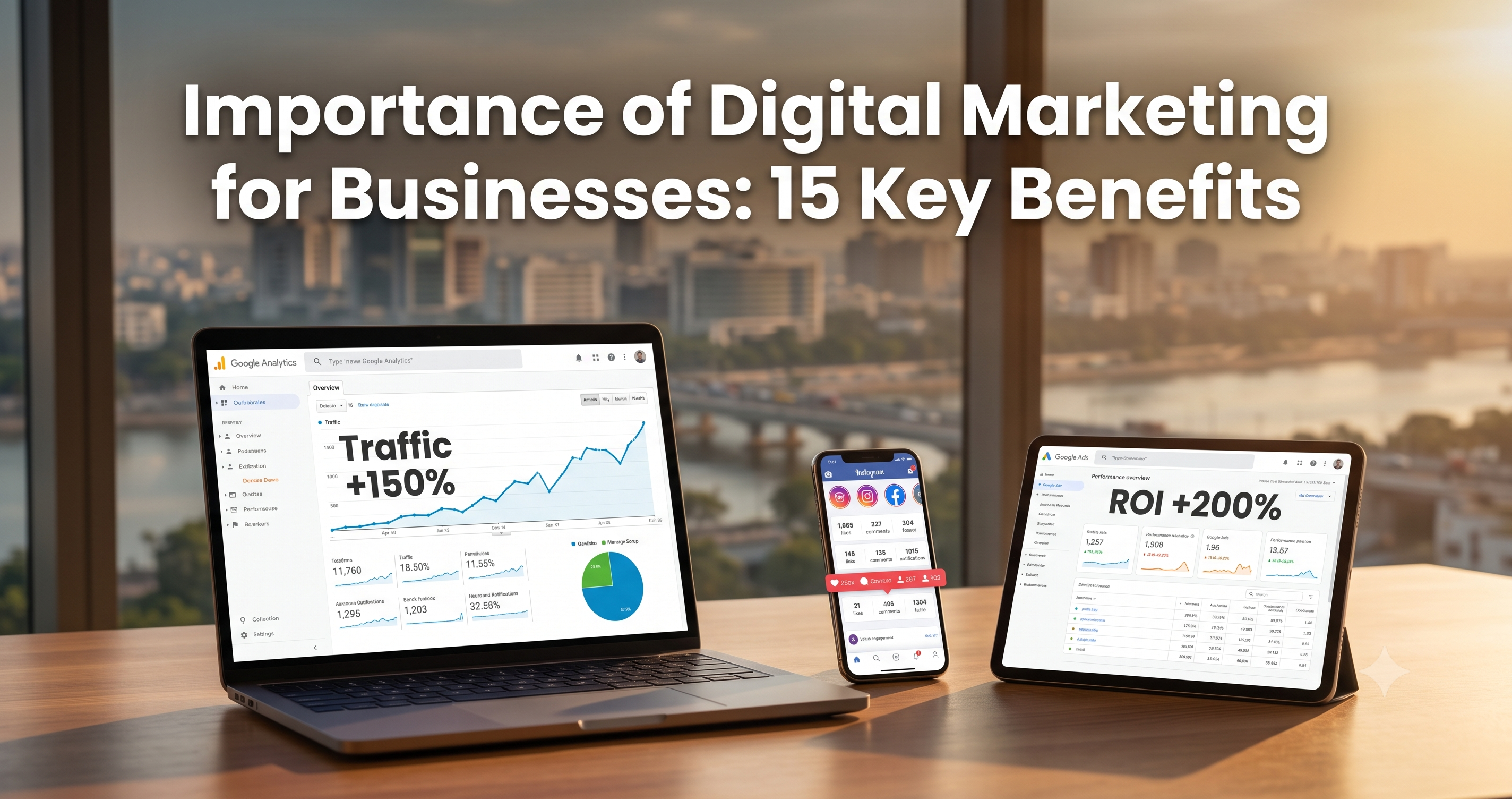 Illustration showing the importance of digital marketing for businesses, highlighting increased website traffic, higher ROI, social media growth, Google Analytics, and business performance by FT Nexavvy Private Limited.