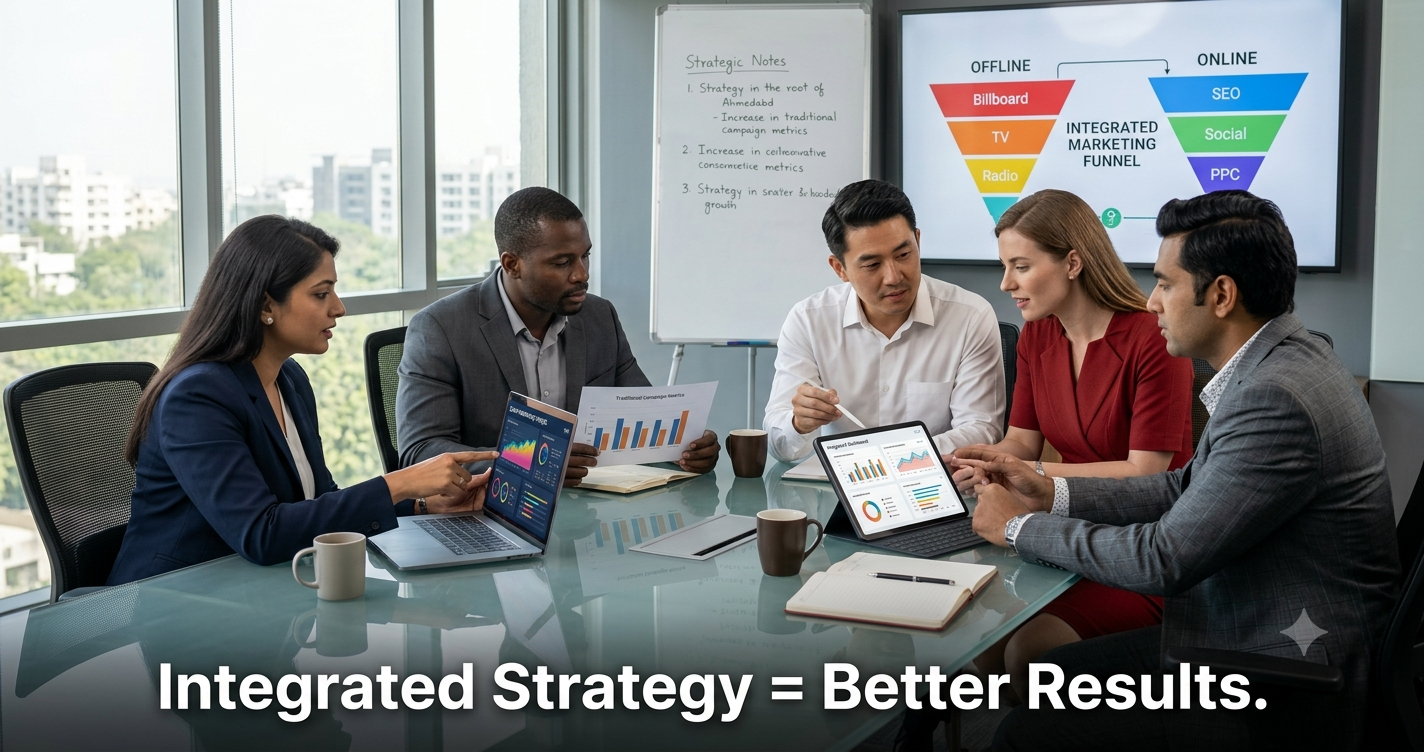 Marketing team discussing an integrated marketing strategy combining offline advertising, SEO, PPC, social media, and analytics to improve business performance and customer acquisition.
