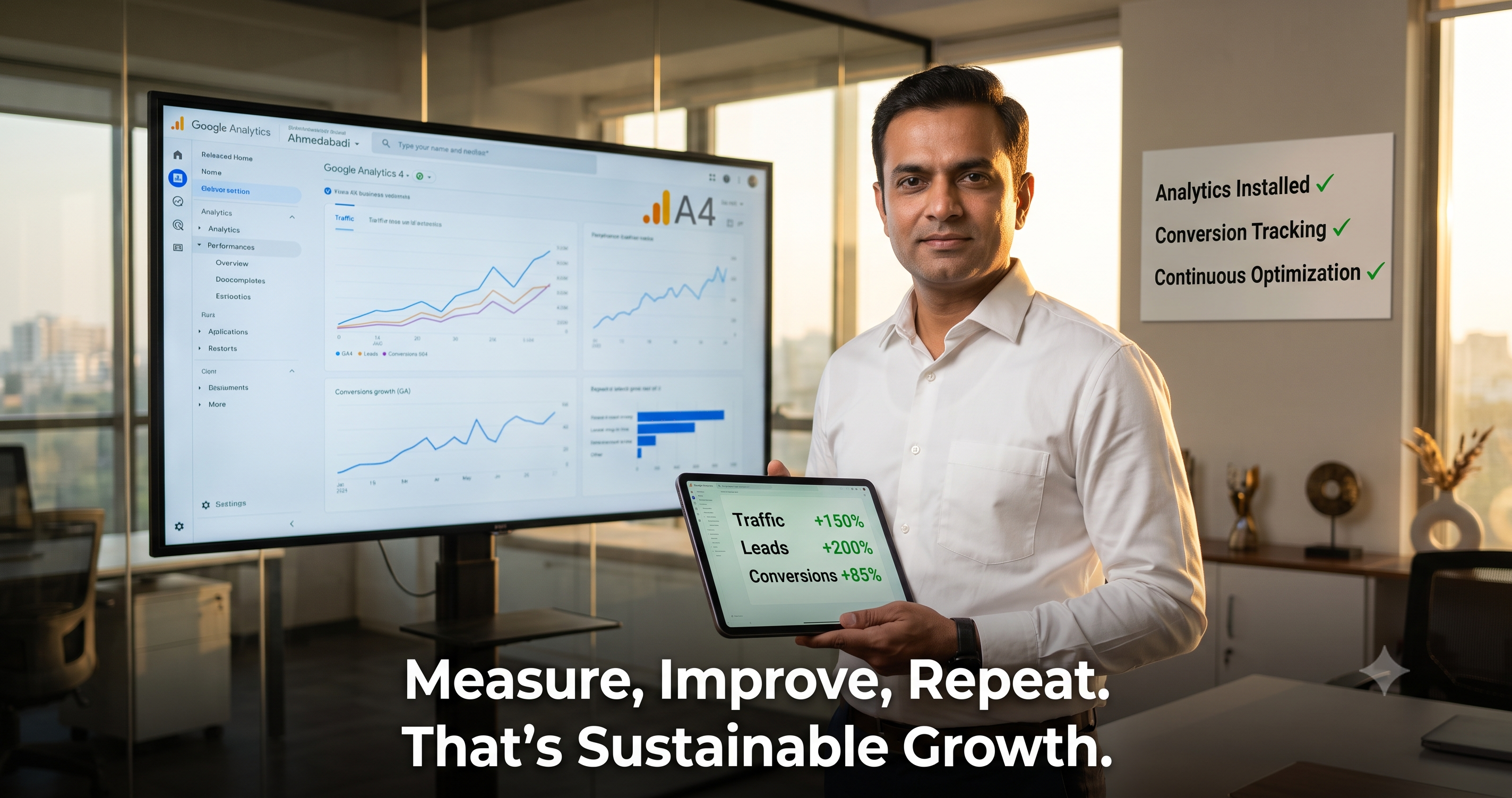 Marketing analytics dashboard showing Google Analytics 4, conversion tracking, website traffic, lead generation, and performance optimization for sustainable business growth by FT Nexavvy Private Limited.