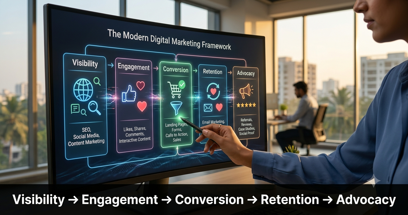 Modern digital marketing framework illustrating the customer journey from visibility, engagement, and conversion to retention and advocacy using SEO, social media, content marketing, landing pages, and email marketing by FT Nexavvy Private Limited.
