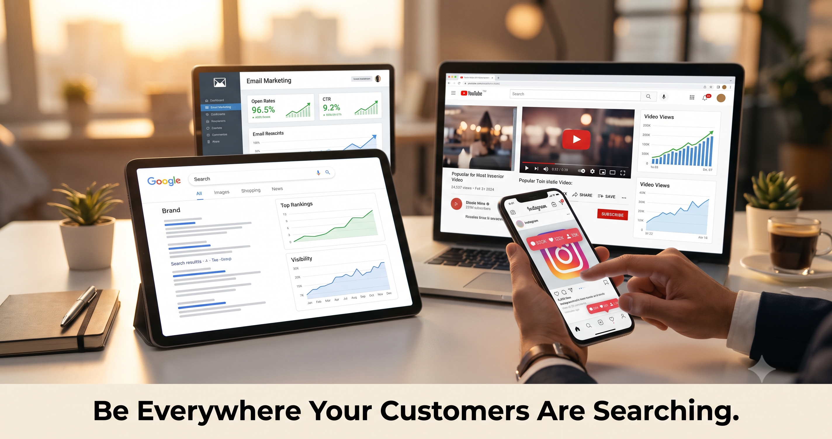 Omnichannel digital marketing strategy showing SEO, Google Search, email marketing, YouTube marketing, and Instagram marketing working together to reach customers across multiple online platforms by FT Nexavvy Private Limited.