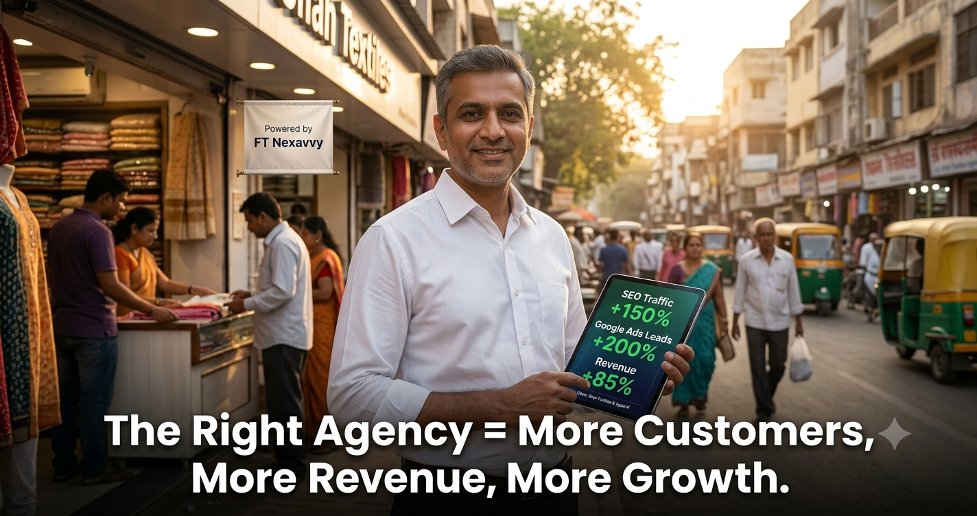 Gujarati business owner in Maninagar showcasing increased SEO traffic, Google Ads leads, and revenue growth after partnering with FT Nexavvy Private Limited, a digital marketing agency in Ahmedabad.