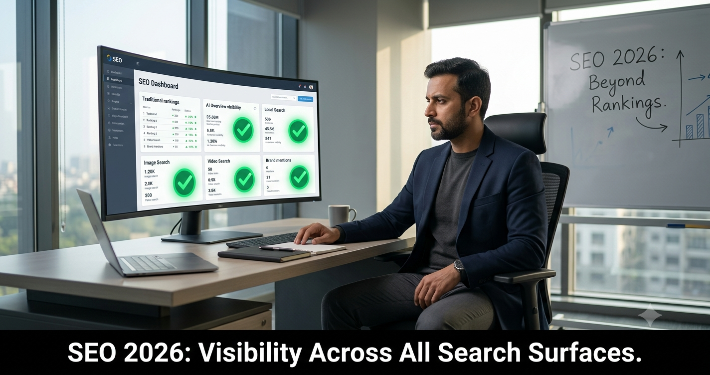 Modern SEO dashboard displaying AI search visibility, local search performance, image search, and video search metrics for future search optimization.