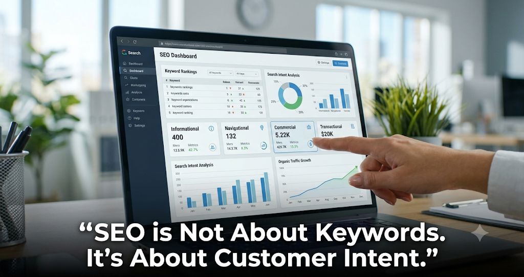 SEO dashboard illustrating keyword rankings, search intent analysis, organic traffic growth, and search engine optimization strategies focused on customer intent by FT Nexavvy Private Limited.