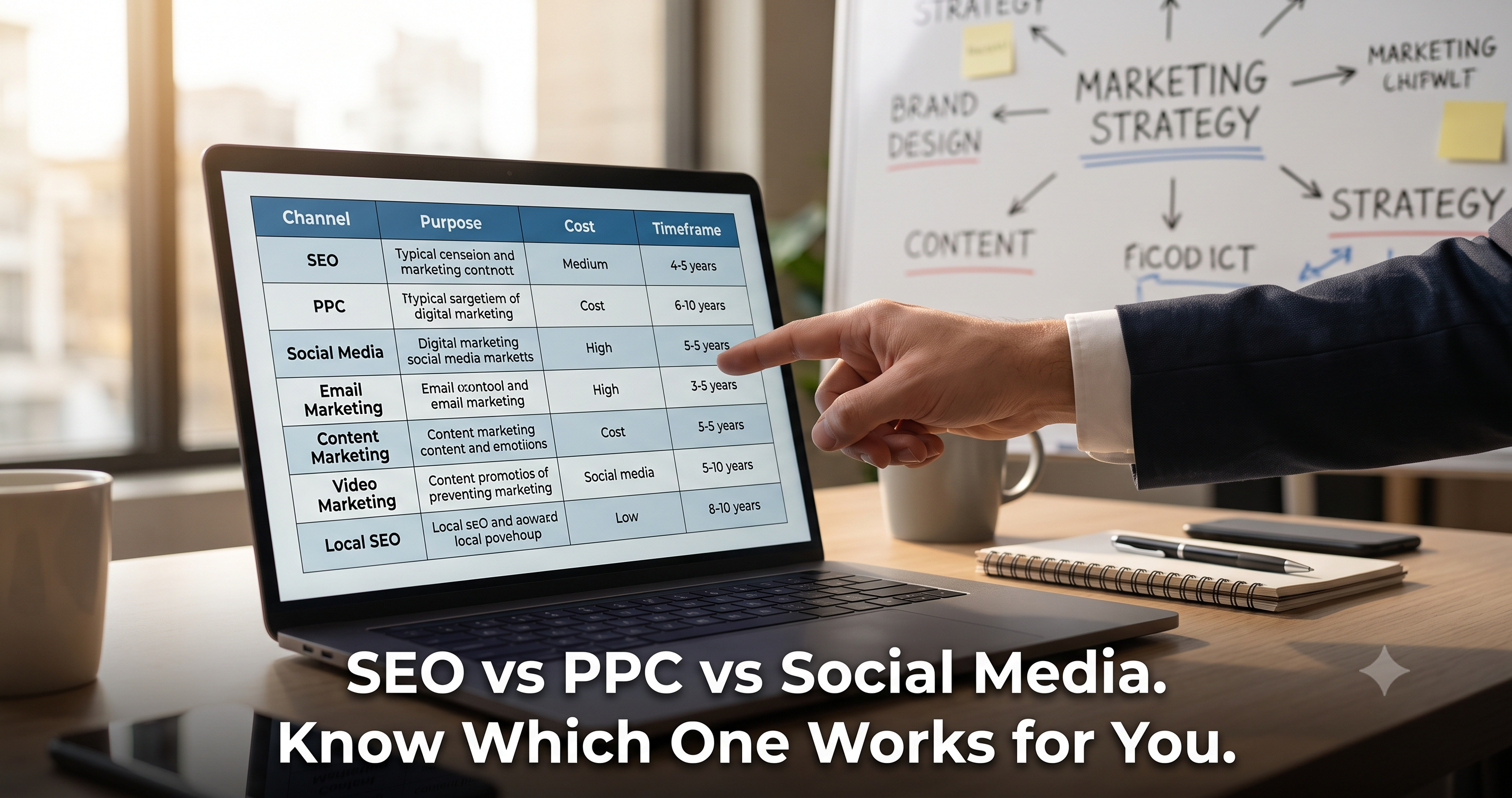 Comparison of SEO, PPC, and social media marketing strategies showing their purpose, cost, timeframe, and benefits to help businesses choose the right digital marketing channel by FT Nexavvy Private Limited.